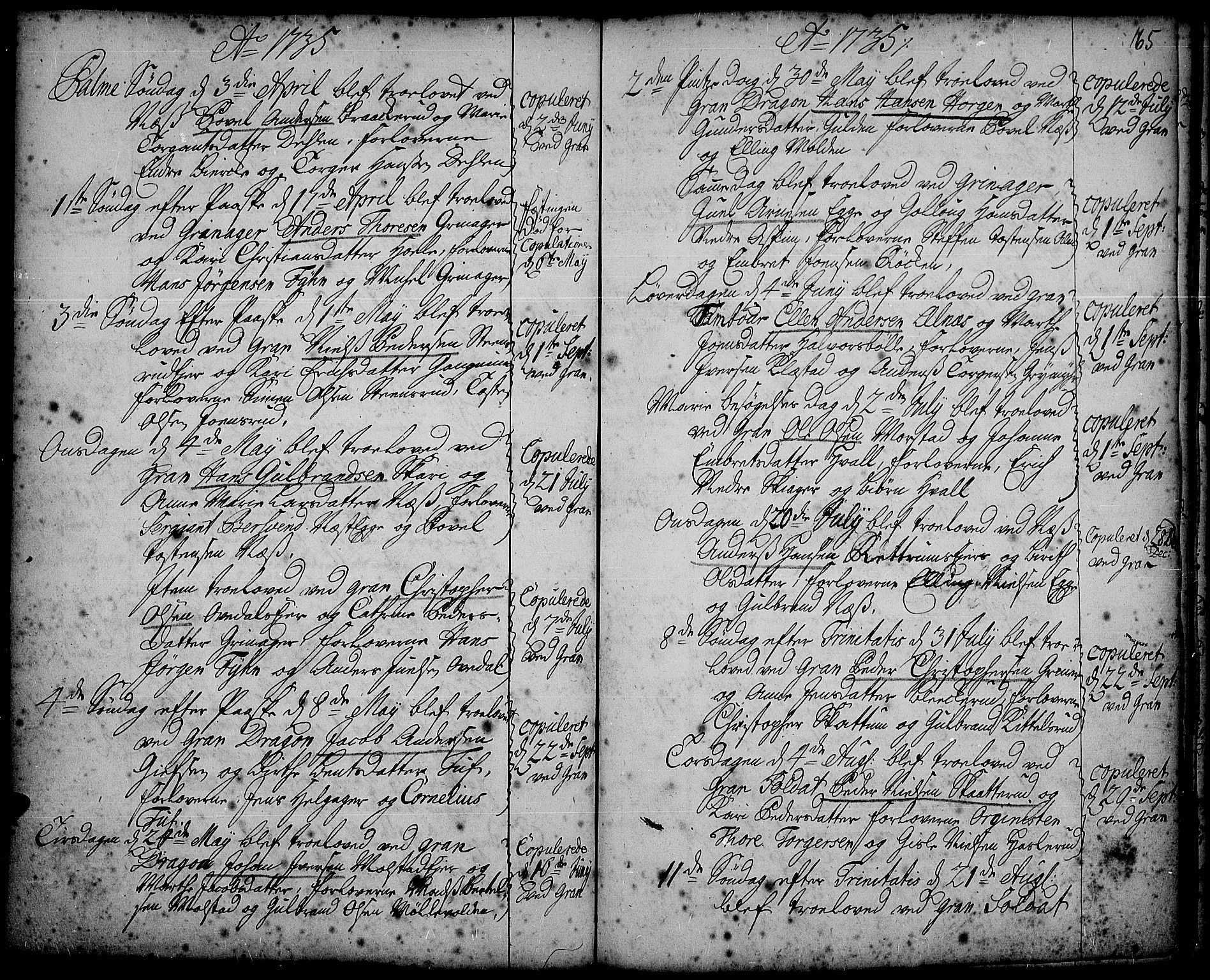 Gran prestekontor, SAH/PREST-112/H/Ha/Haa/L0002: Parish register (official) no. 2, 1732-1744, p. 165
