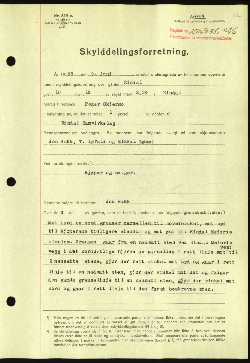 Nordmøre sorenskriveri, SAT/A-4132/1/2/2Ca: Mortgage book no. A84, 1938-1938, Diary no: : 1505/1938