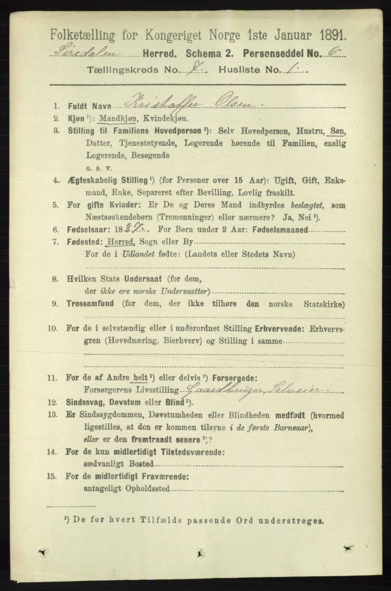 RA, 1891 census for 1046 Sirdal, 1891, p. 1958