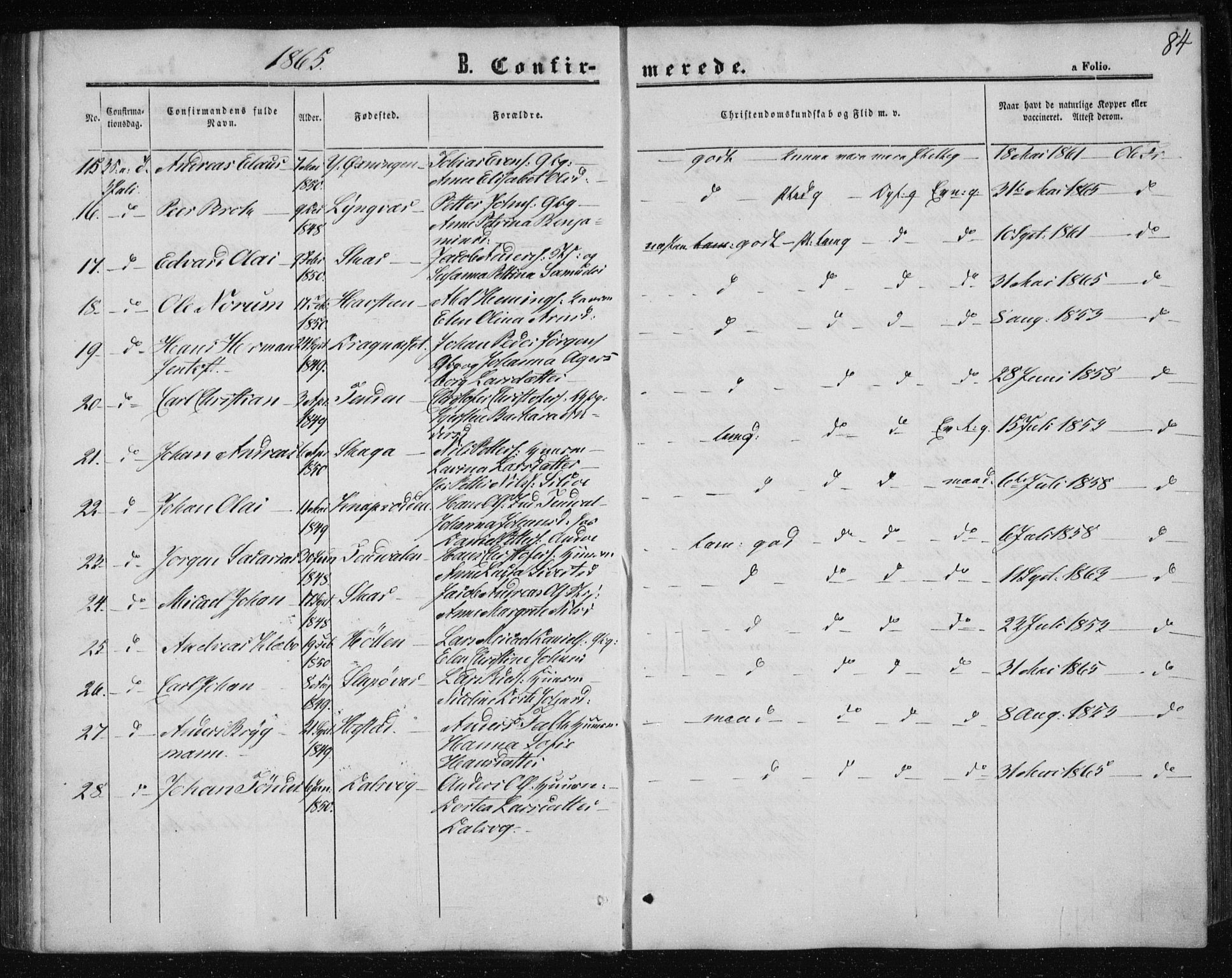 Ministerialprotokoller, klokkerbøker og fødselsregistre - Nordland, AV/SAT-A-1459/834/L0505: Parish register (official) no. 834A03, 1862-1871, p. 84