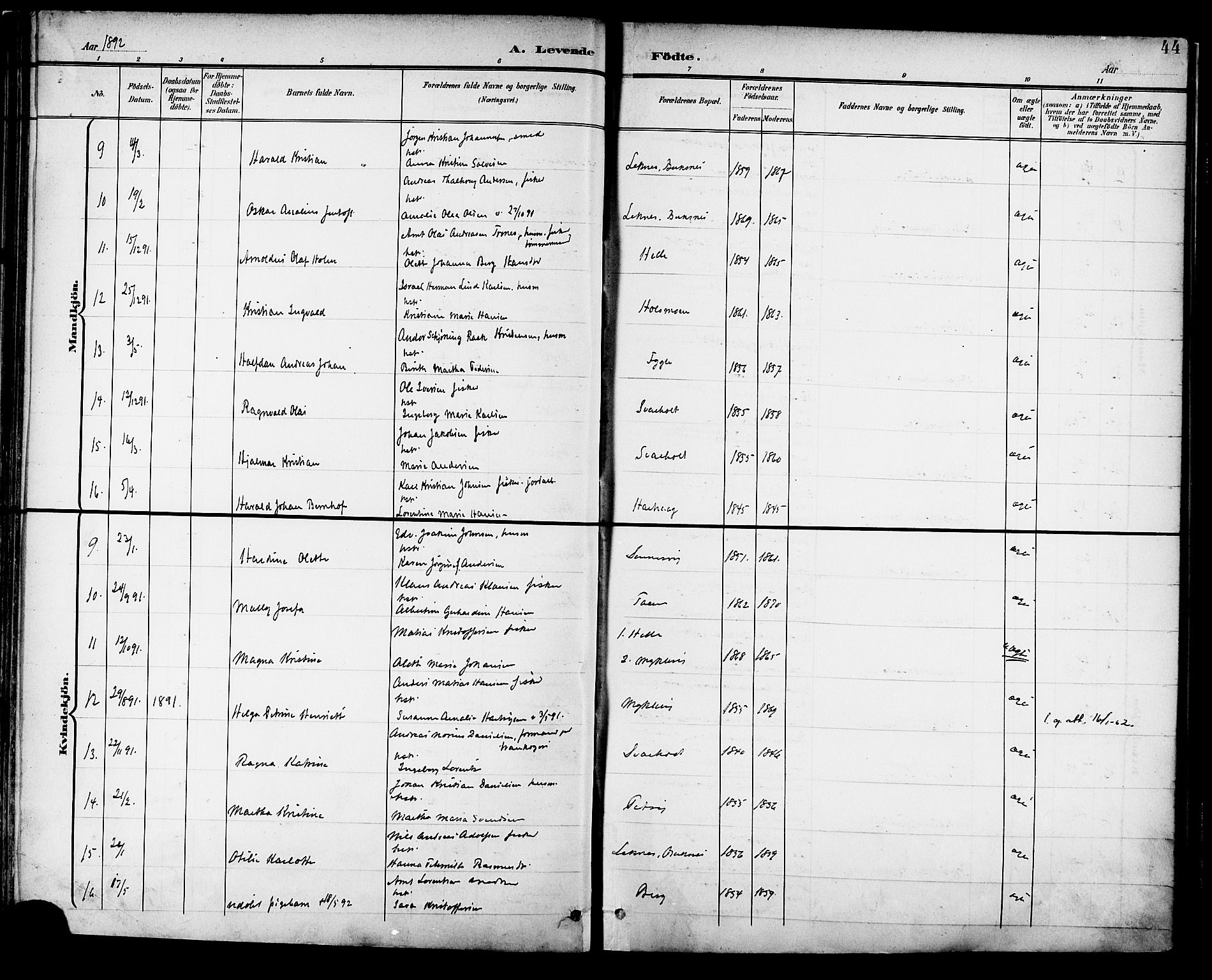 Ministerialprotokoller, klokkerbøker og fødselsregistre - Nordland, SAT/A-1459/882/L1179: Parish register (official) no. 882A01, 1886-1898, p. 44
