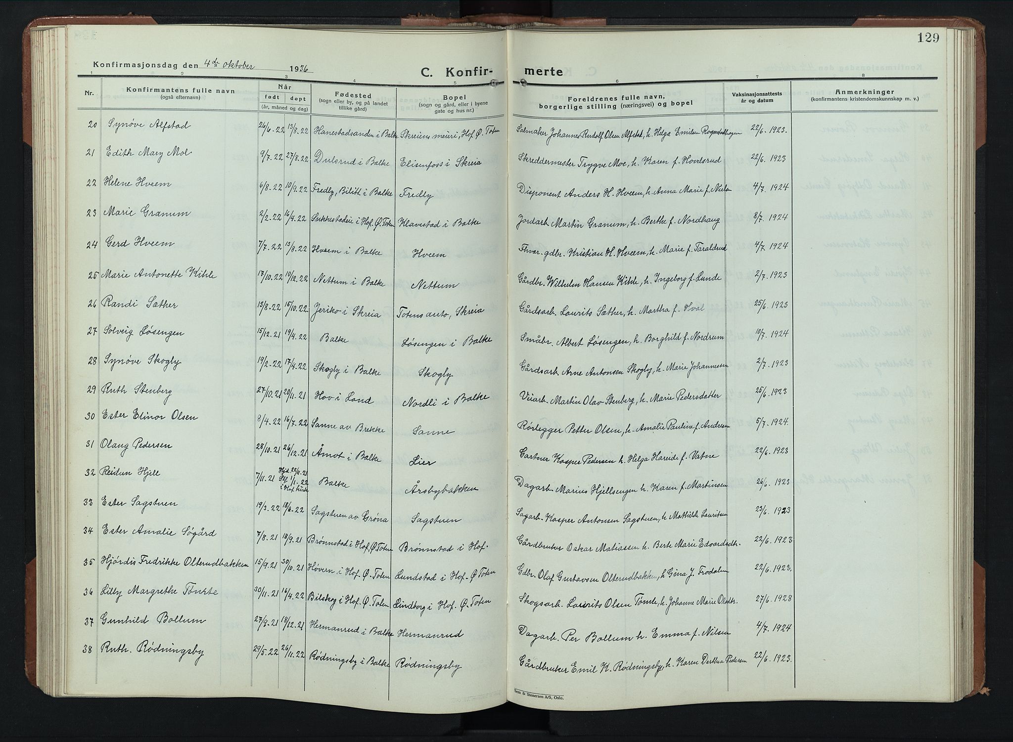 Balke prestekontor, SAH/PREST-106/H/Ha/Hab/L0002: Parish register (copy) no. 2, 1929-1951, p. 129