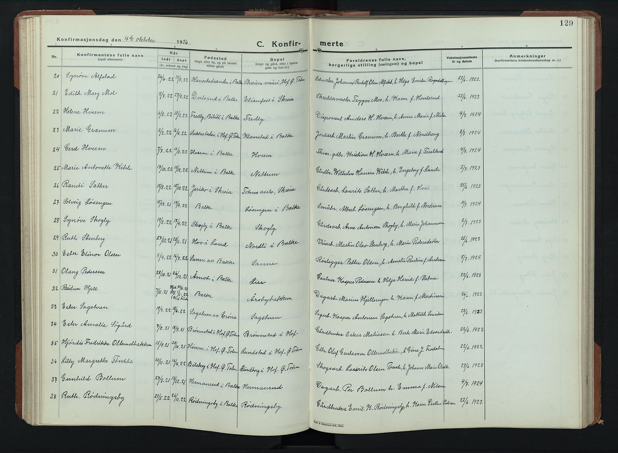 Balke prestekontor, AV/SAH-PREST-106/H/Ha/Hab/L0002: Parish register (copy) no. 2, 1929-1951, p. 129