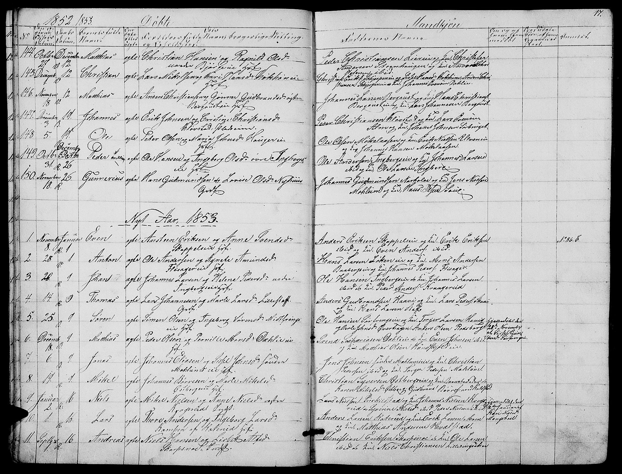 Ringsaker prestekontor, AV/SAH-PREST-014/L/La/L0006: Parish register (copy) no. 6, 1851-1860, p. 17