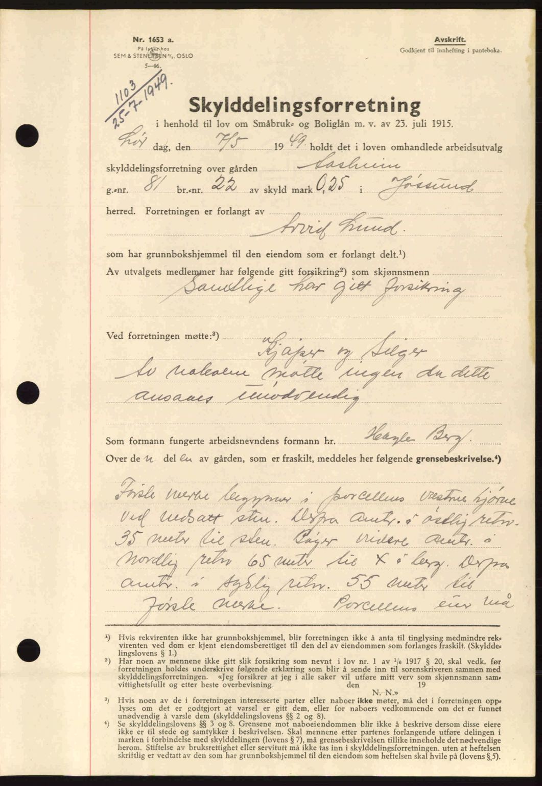 Fosen sorenskriveri, AV/SAT-A-1107/1/2/2C: Mortgage book no. A9, 1948-1949, Diary no: : 1103/1949