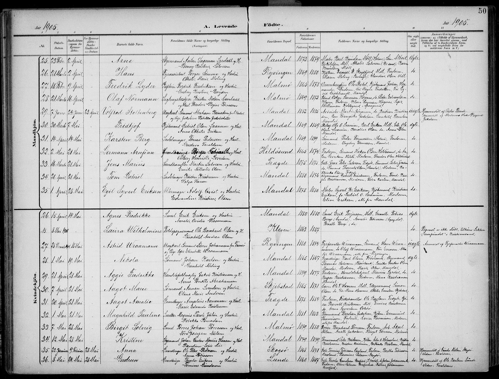 Mandal sokneprestkontor, AV/SAK-1111-0030/F/Fb/Fba/L0012: Parish register (copy) no. B 6, 1899-1918, p. 50