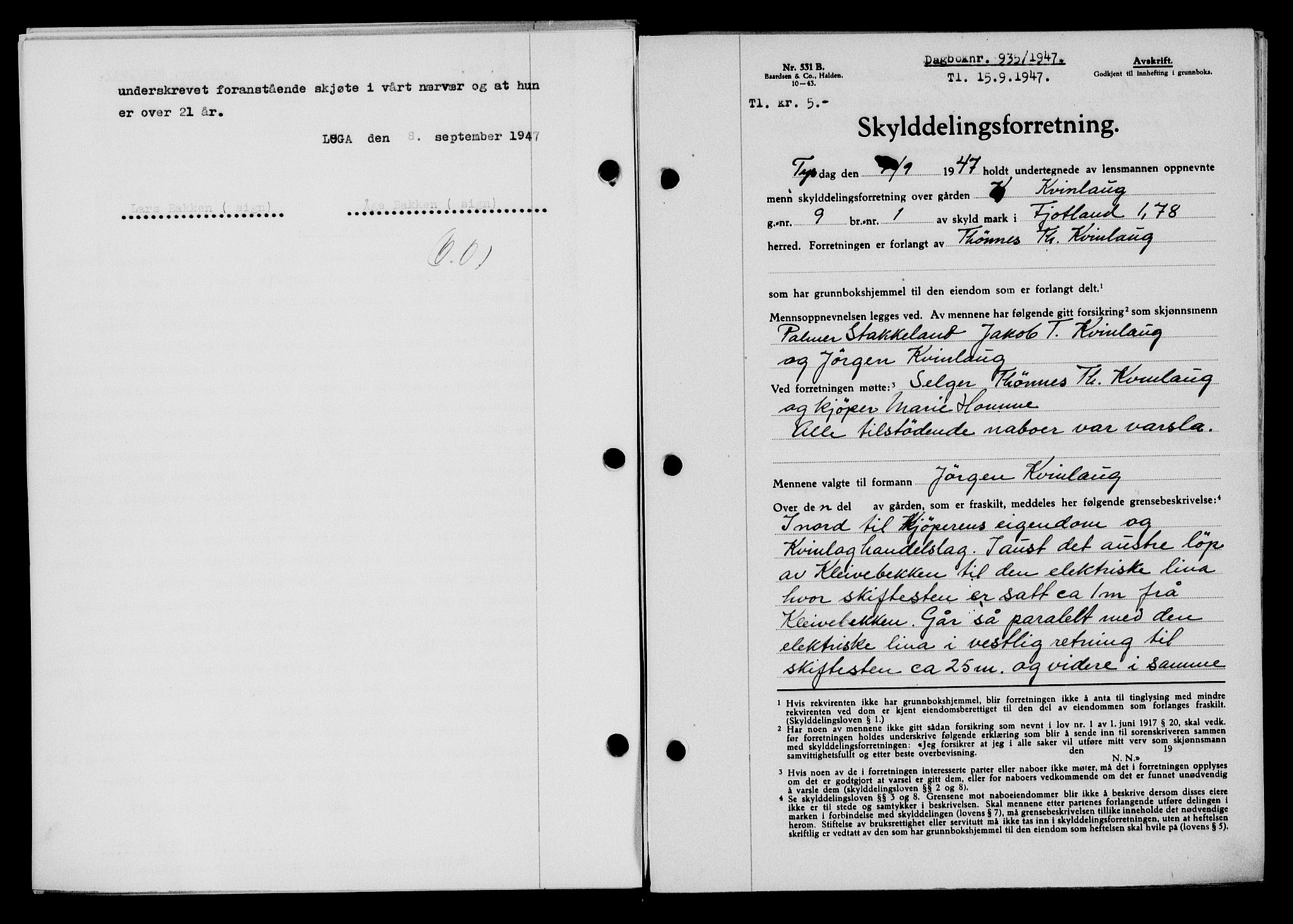 Flekkefjord sorenskriveri, SAK/1221-0001/G/Gb/Gba/L0062: Mortgage book no. A-10, 1947-1947, Diary no: : 935/1947