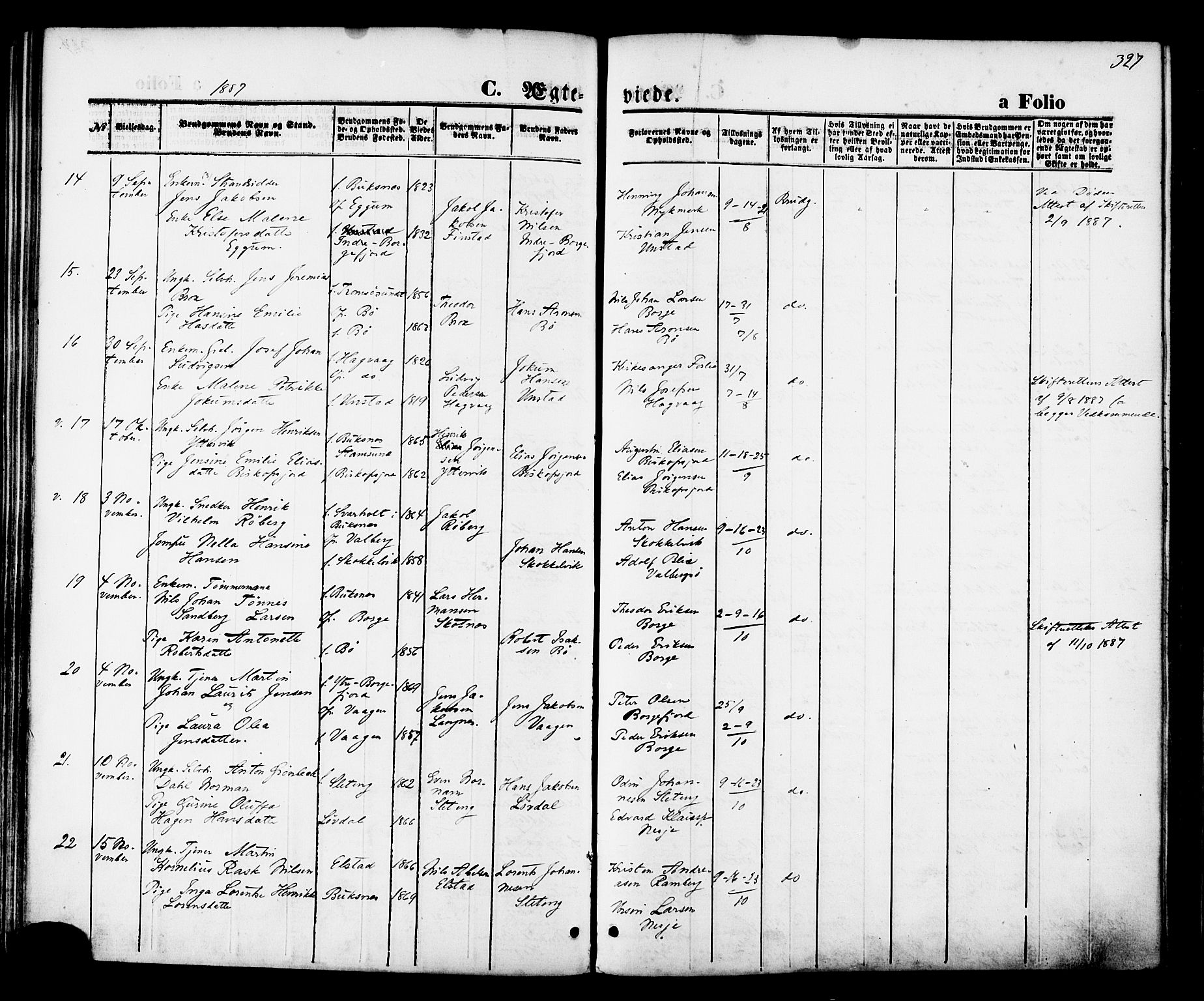 Ministerialprotokoller, klokkerbøker og fødselsregistre - Nordland, AV/SAT-A-1459/880/L1132: Parish register (official) no. 880A06, 1869-1887, p. 327