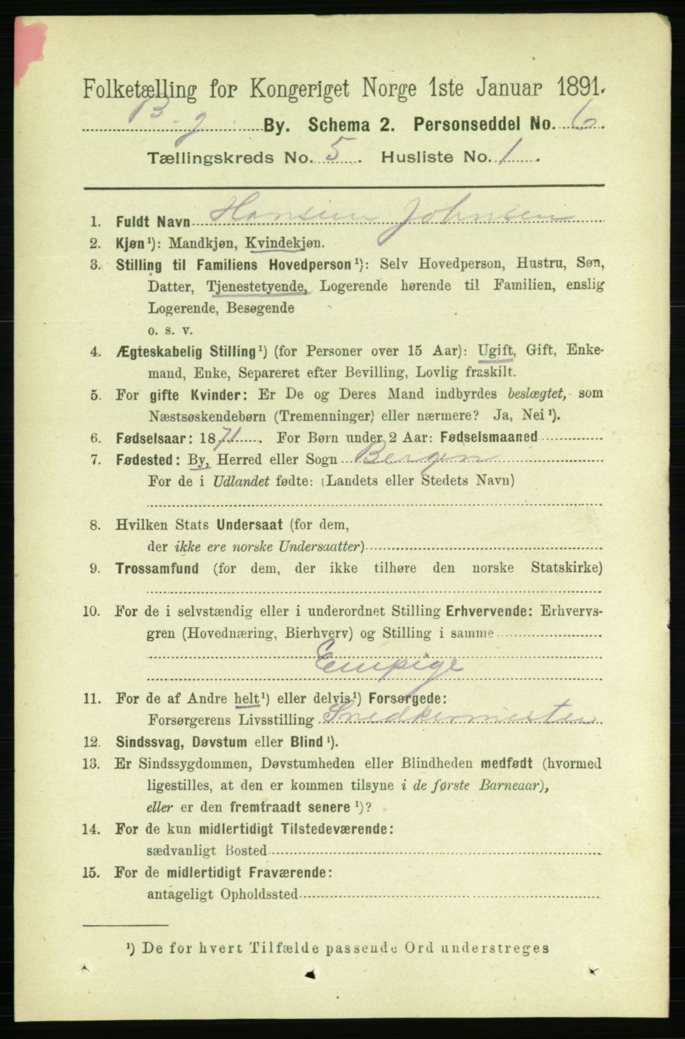 RA, 1891 Census for 1301 Bergen, 1891, p. 13699