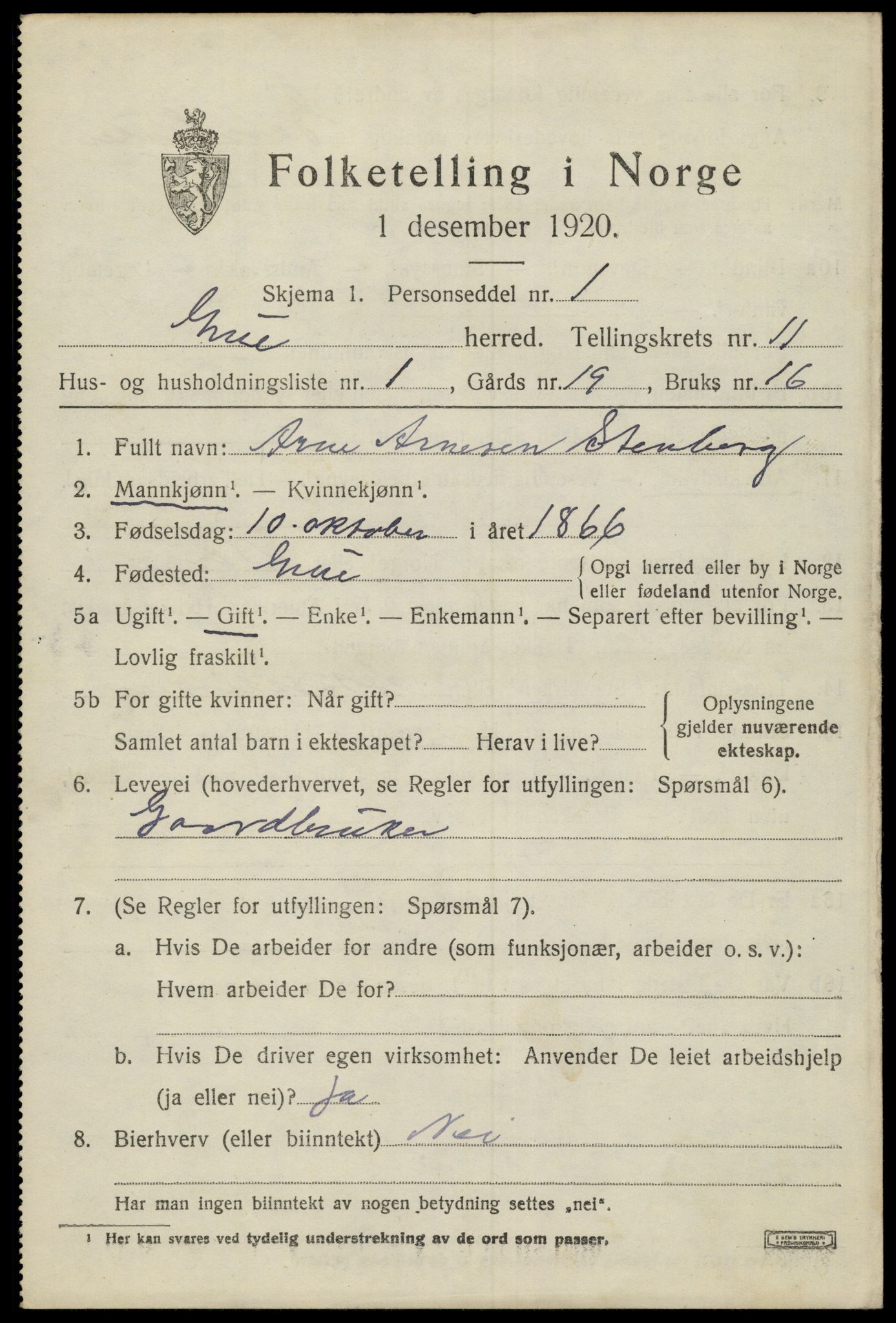 SAH, 1920 census for Grue, 1920, p. 9369