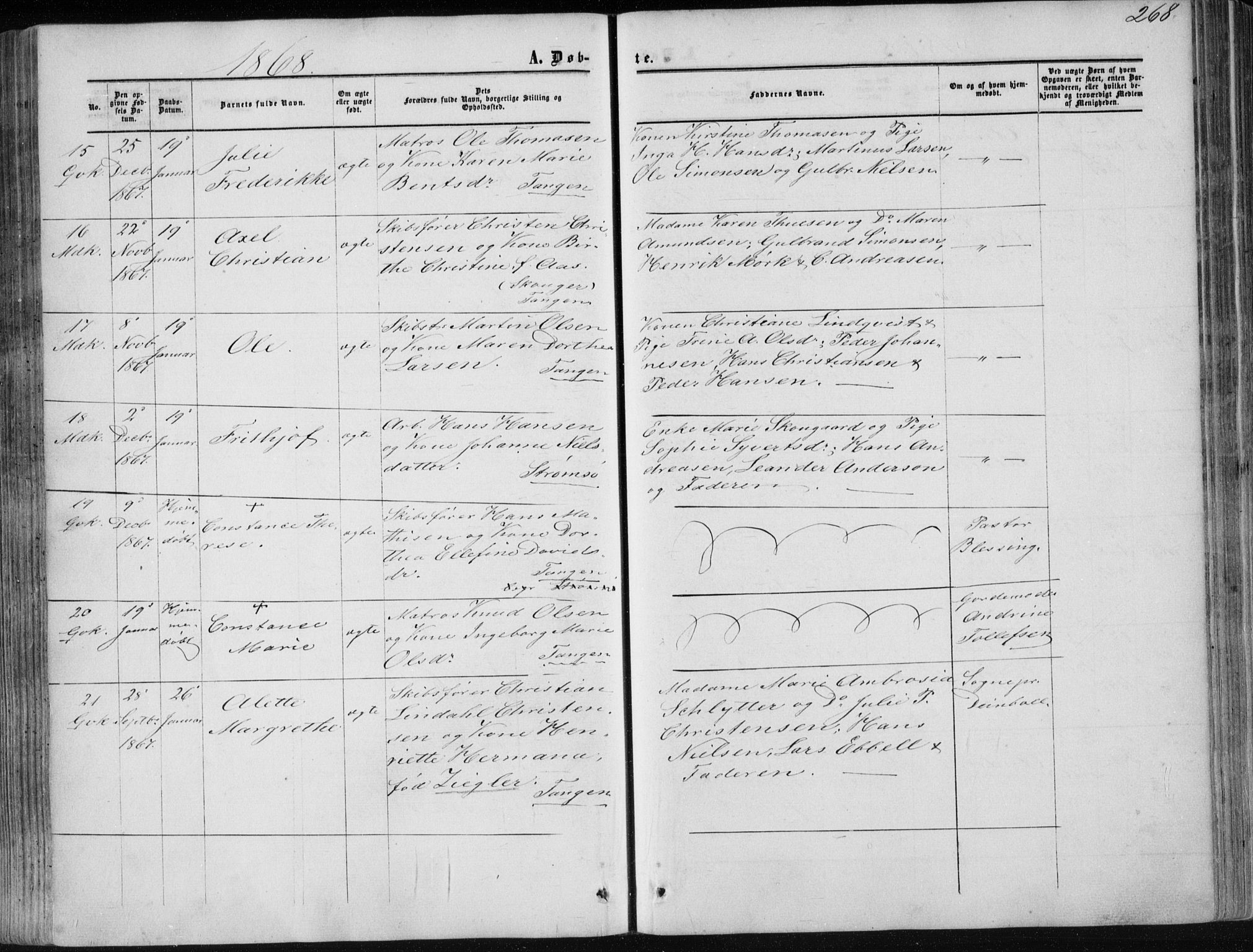 Strømsø kirkebøker, AV/SAKO-A-246/F/Fa/L0015: Parish register (official) no. I 15, 1859-1868, p. 268