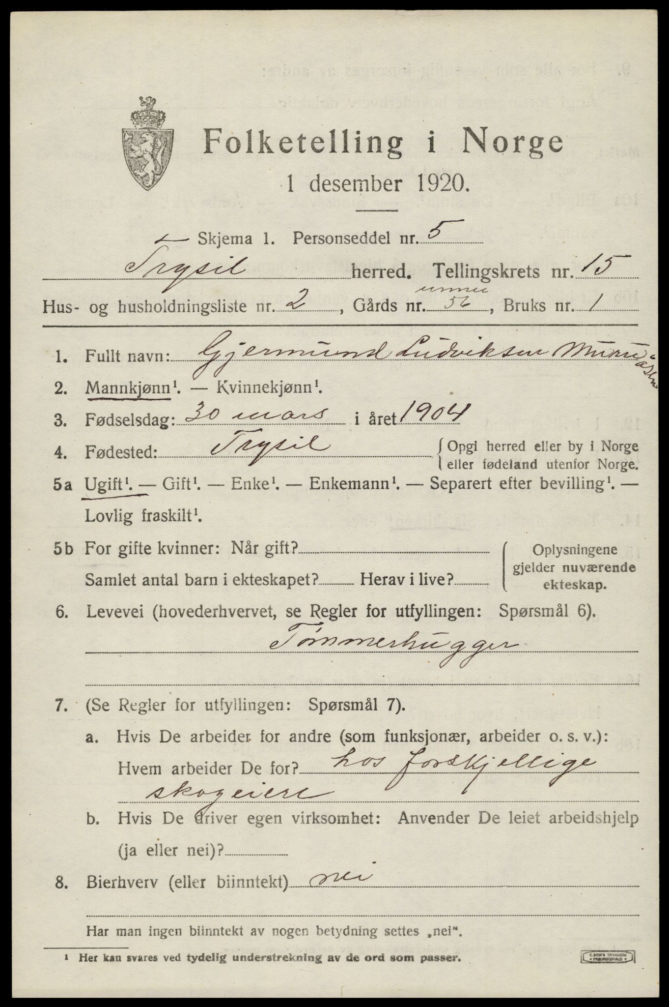 SAH, 1920 census for Trysil, 1920, p. 8805