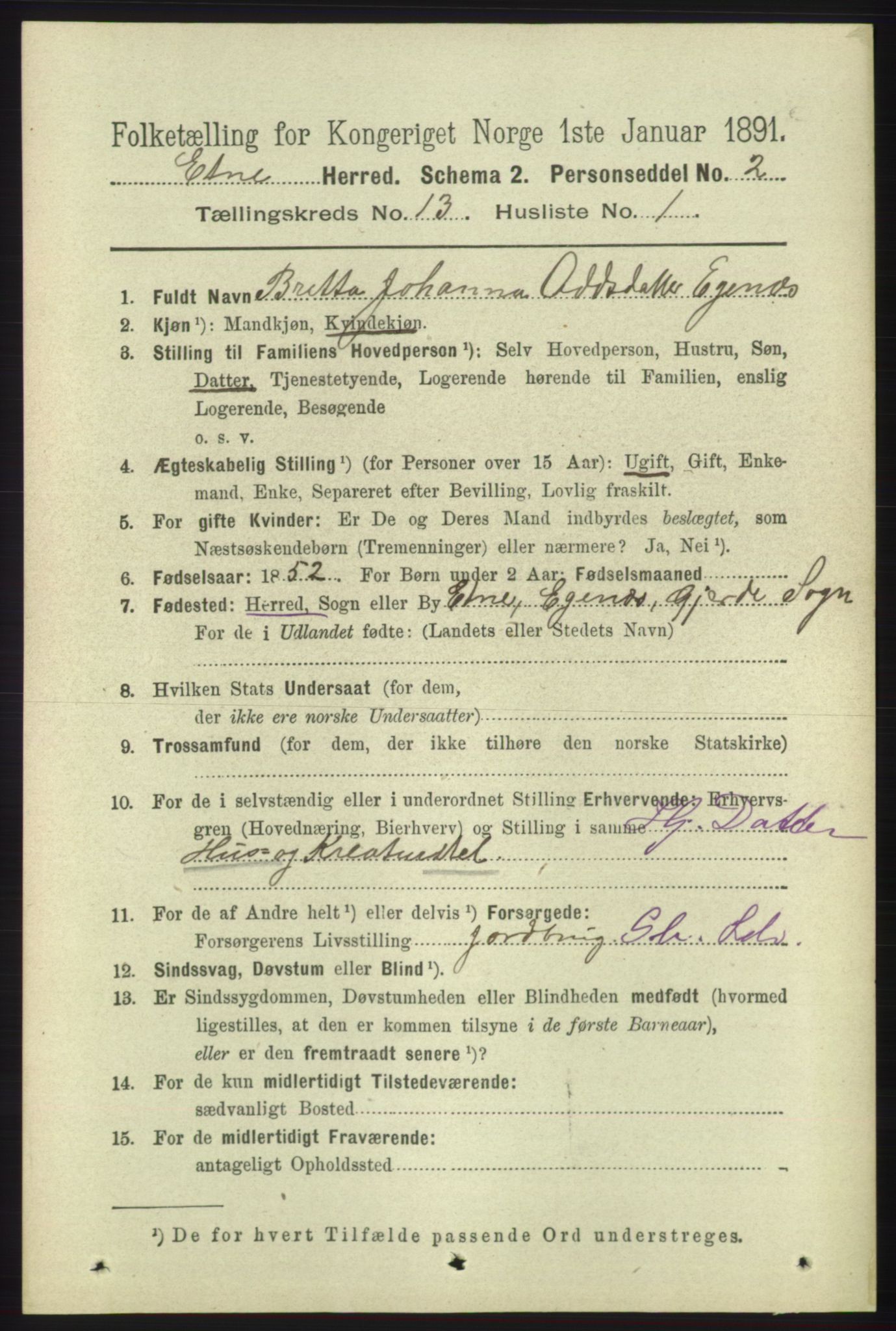 RA, 1891 census for 1211 Etne, 1891, p. 2741