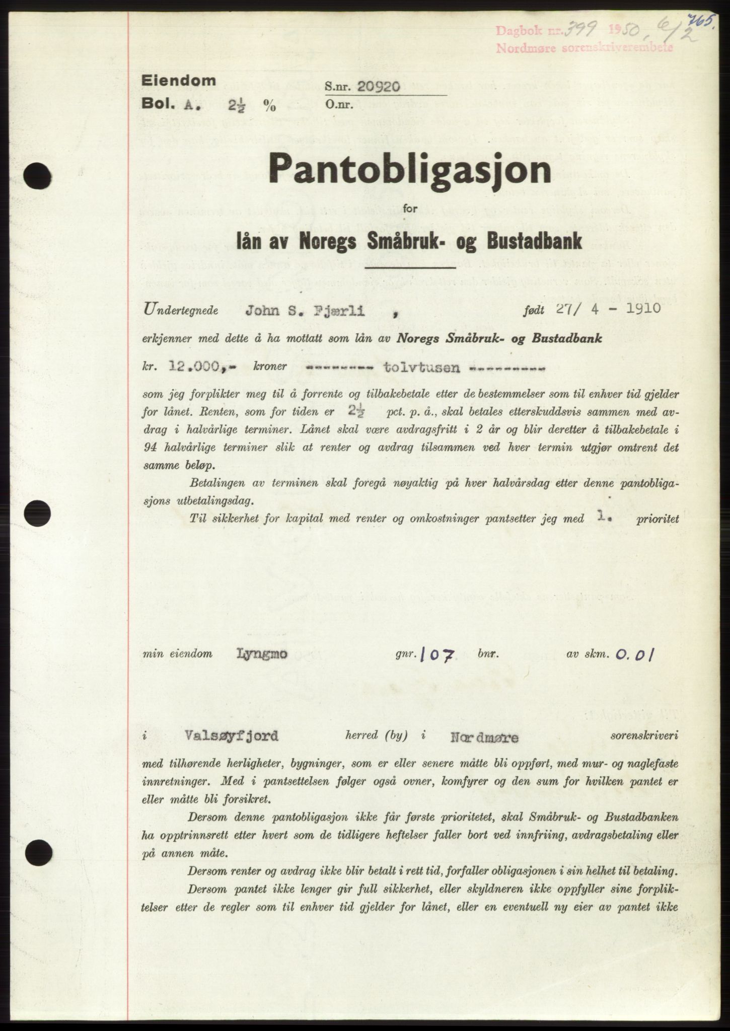 Nordmøre sorenskriveri, AV/SAT-A-4132/1/2/2Ca: Mortgage book no. B103, 1949-1950, Diary no: : 399/1950