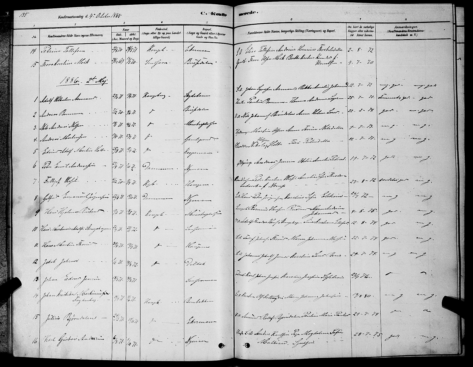 Kongsberg kirkebøker, SAKO/A-22/G/Ga/L0005: Parish register (copy) no. 5, 1878-1889, p. 135