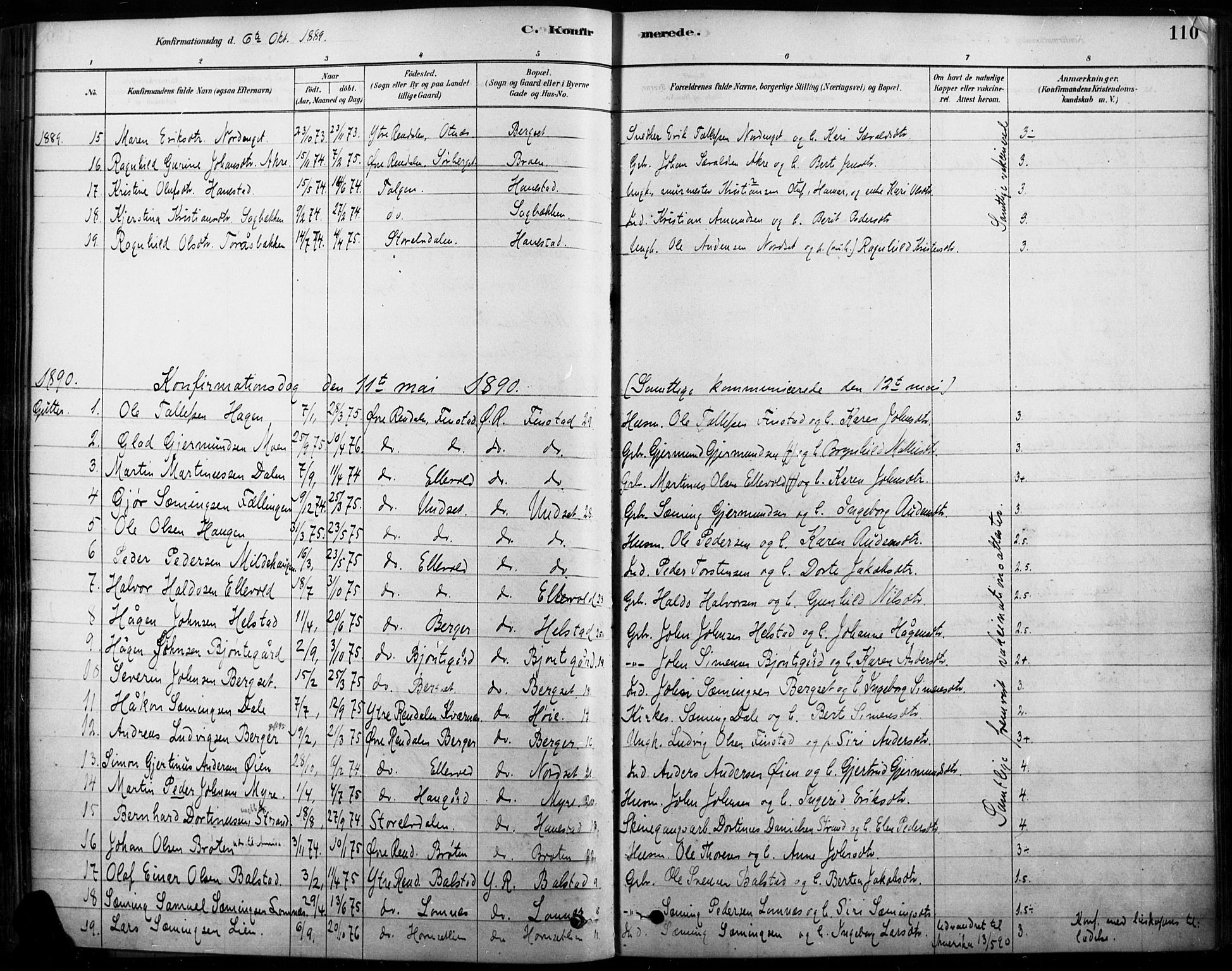Rendalen prestekontor, SAH/PREST-054/H/Ha/Haa/L0009: Parish register (official) no. 9, 1878-1901, p. 110
