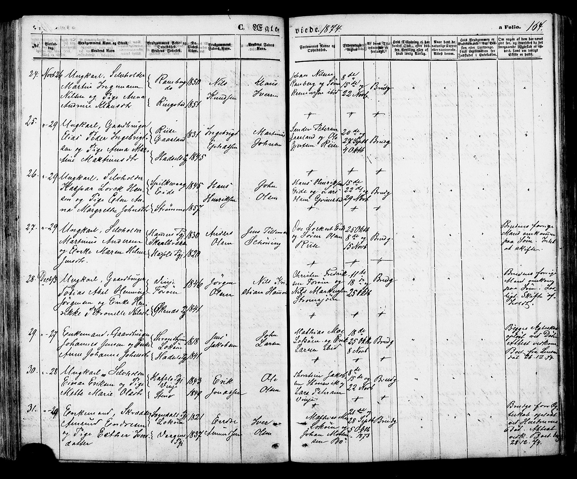 Ministerialprotokoller, klokkerbøker og fødselsregistre - Nordland, SAT/A-1459/891/L1301: Parish register (official) no. 891A06, 1870-1878, p. 164