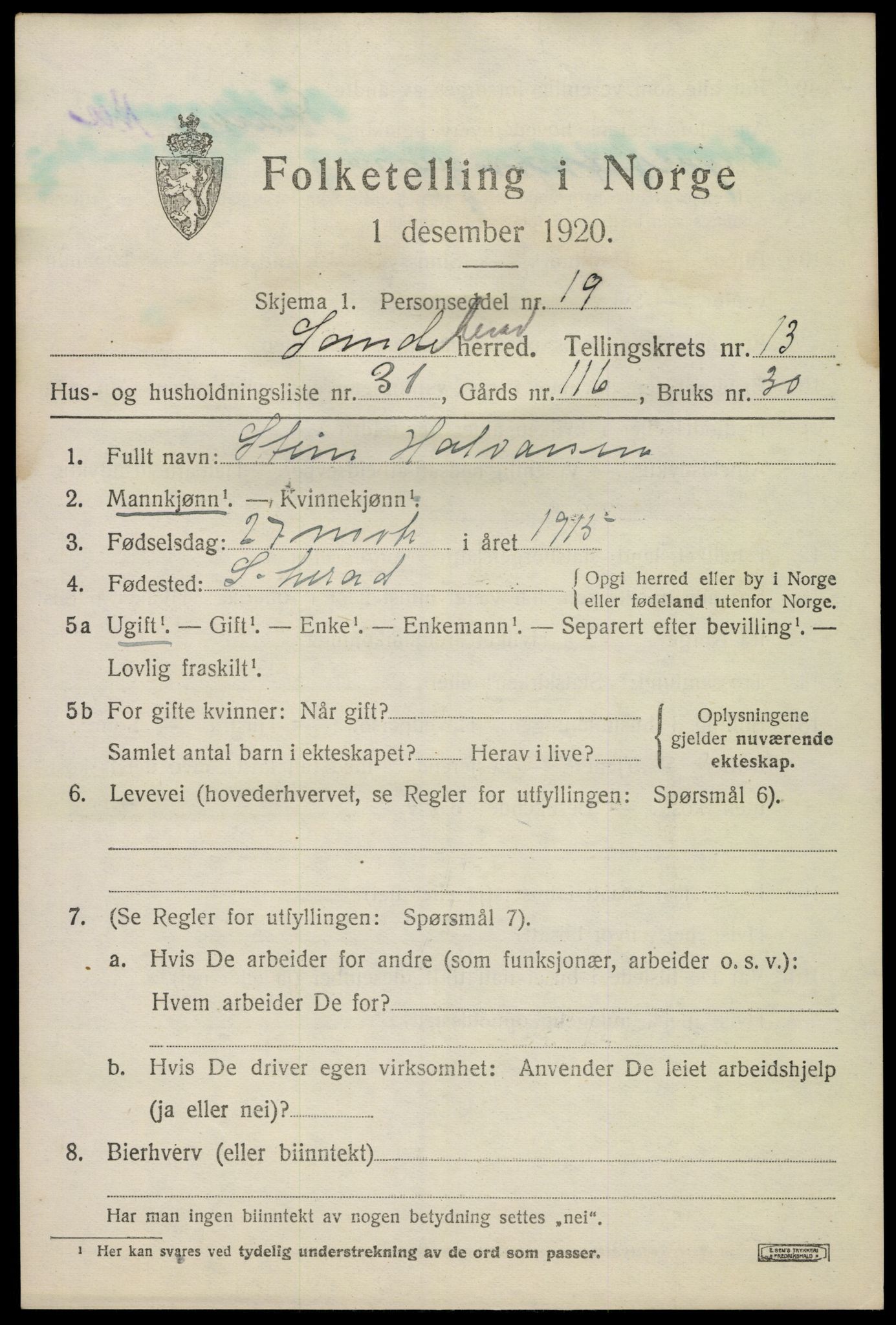 SAKO, 1920 census for Sandeherred, 1920, p. 19660