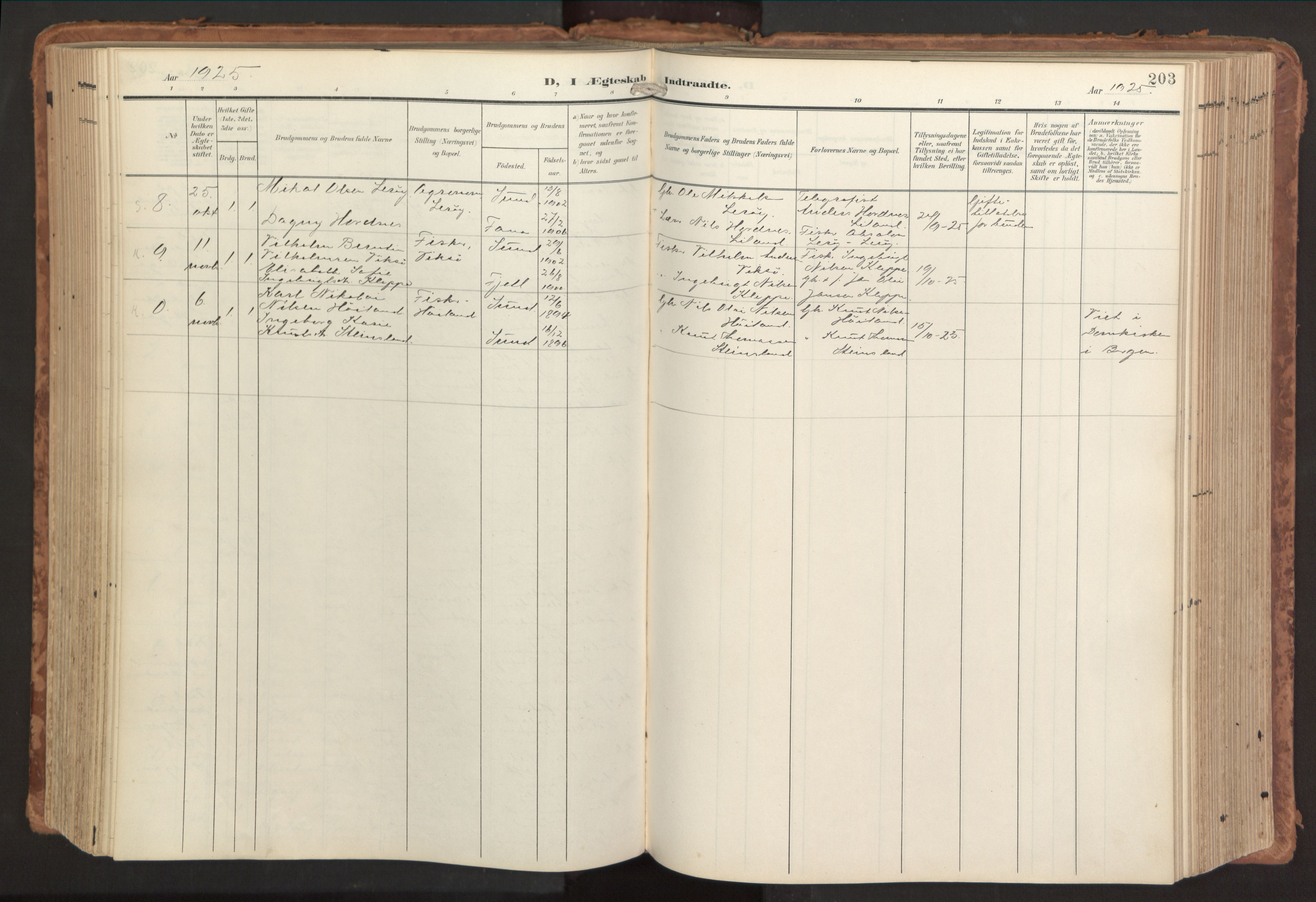 Sund sokneprestembete, SAB/A-99930: Parish register (official) no. B 2, 1907-1926, p. 203