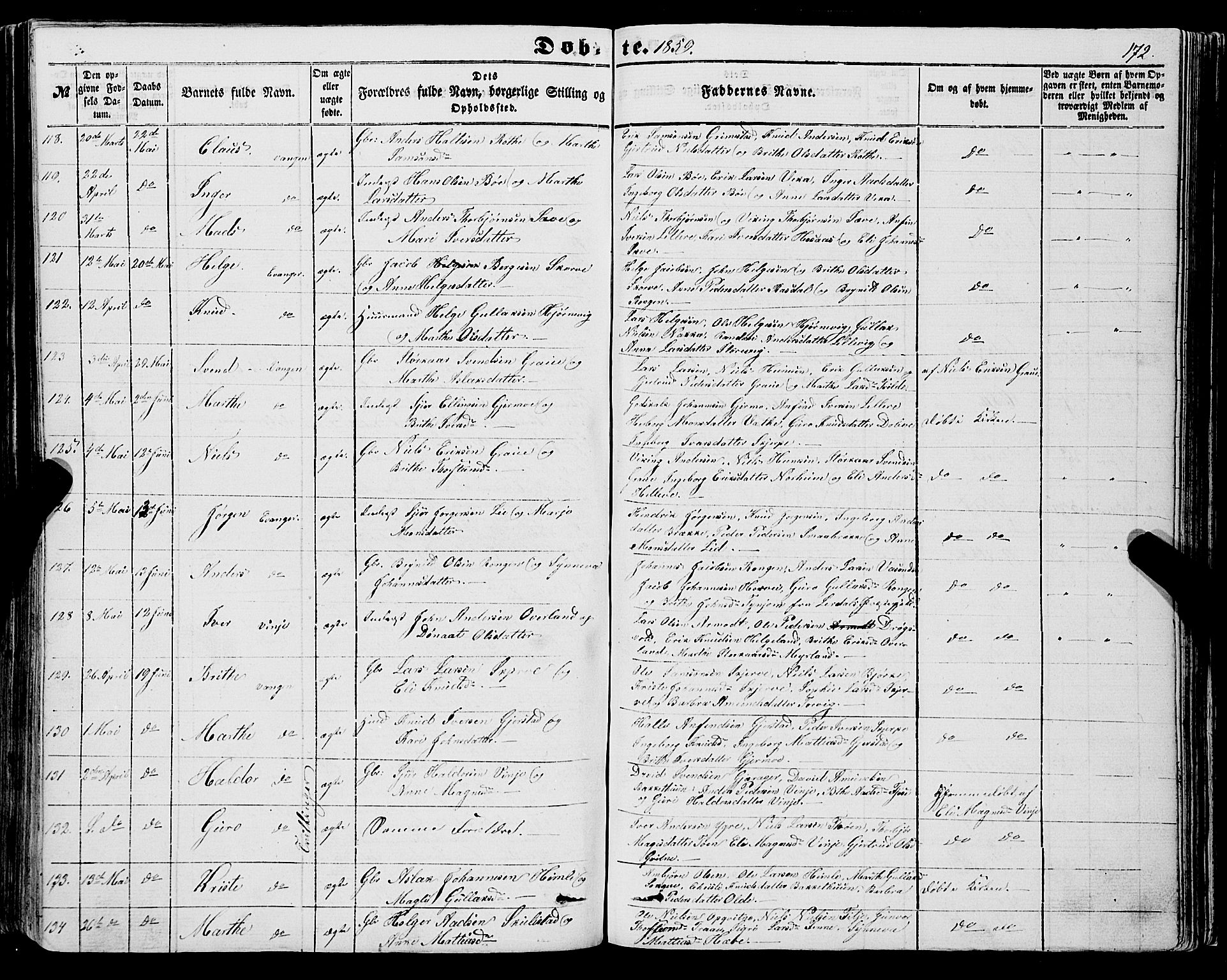 Voss sokneprestembete, AV/SAB-A-79001/H/Haa: Parish register (official) no. A 16, 1849-1863, p. 172