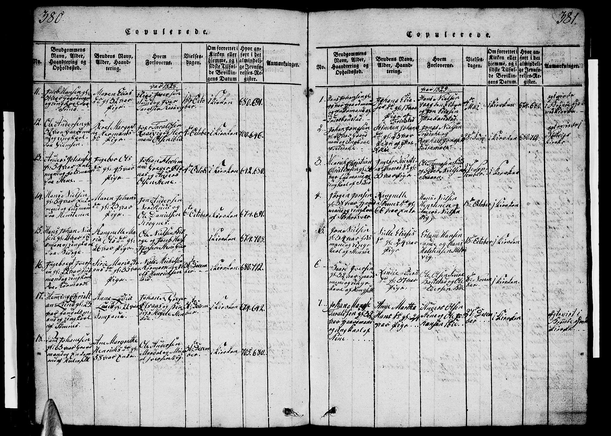 Ministerialprotokoller, klokkerbøker og fødselsregistre - Nordland, SAT/A-1459/812/L0186: Parish register (copy) no. 812C04, 1820-1849, p. 380-381