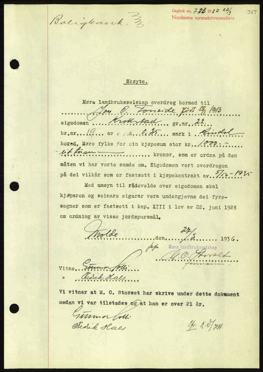 Nordmøre sorenskriveri, AV/SAT-A-4132/1/2/2Ca: Mortgage book no. A81, 1937-1937, Diary no: : 783/1937