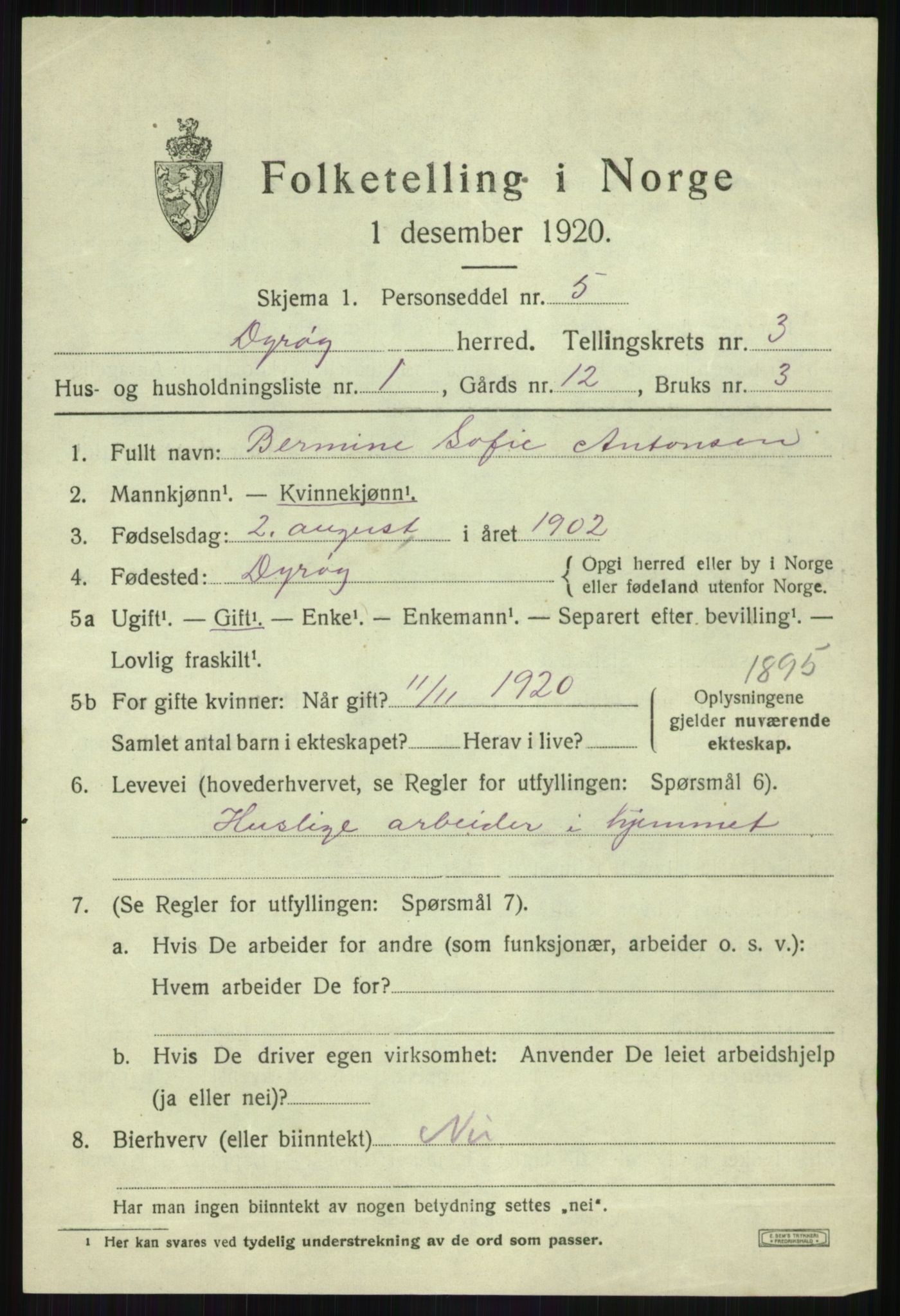 SATØ, 1920 census for Dyrøy, 1920, p. 1663