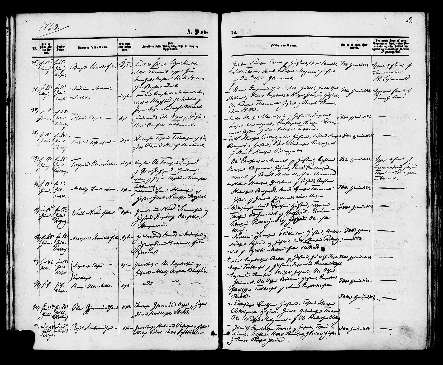 Rollag kirkebøker, AV/SAKO-A-240/F/Fa/L0009: Parish register (official) no. I 9, 1860-1874, p. 21