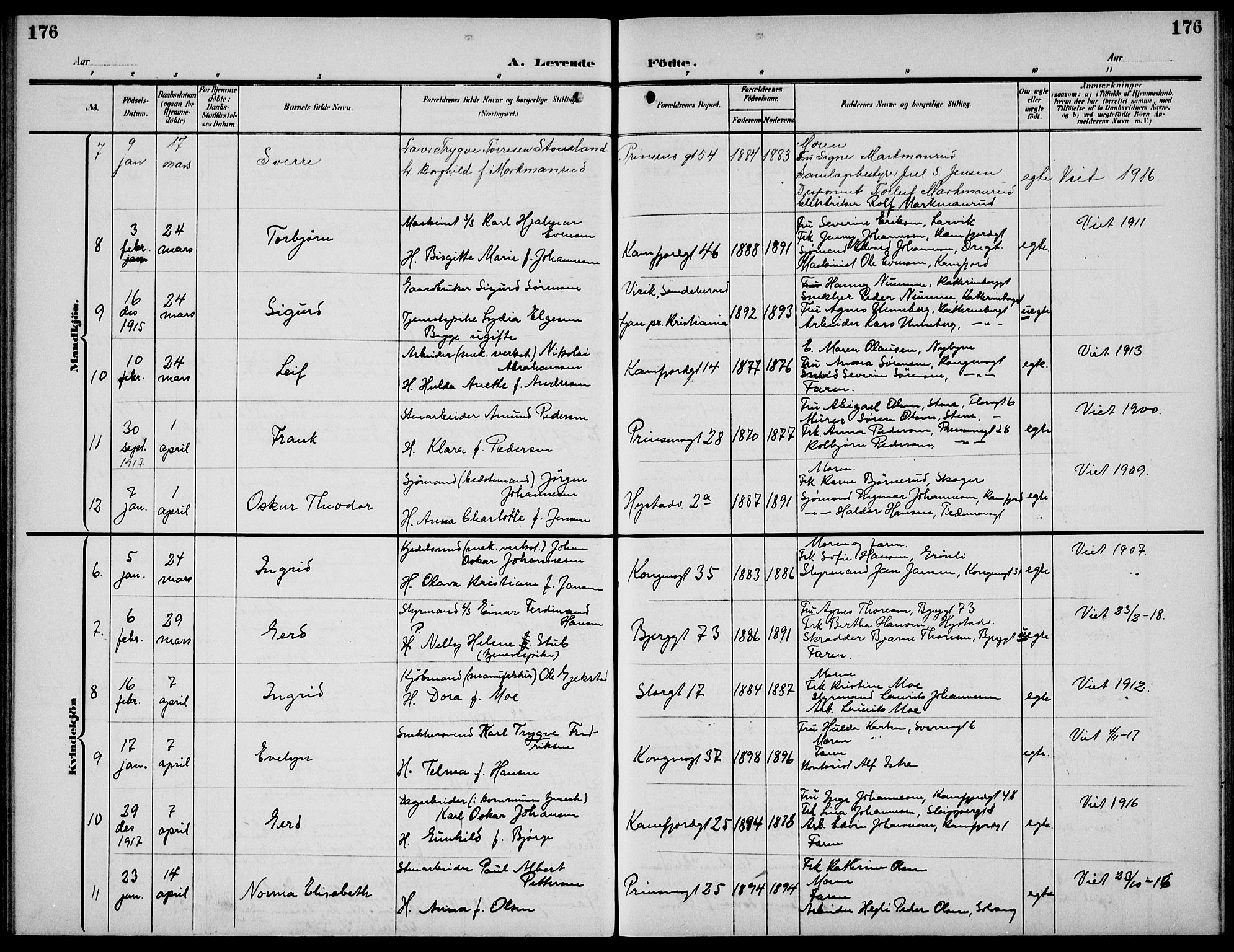 Sandefjord kirkebøker, AV/SAKO-A-315/G/Ga/L0003: Parish register (copy) no. 3, 1903-1920, p. 176