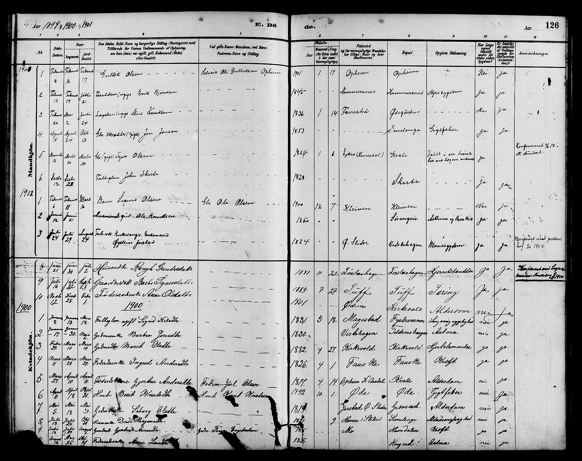 Vestre Slidre prestekontor, SAH/PREST-136/H/Ha/Hab/L0005: Parish register (copy) no. 5, 1881-1913, p. 126