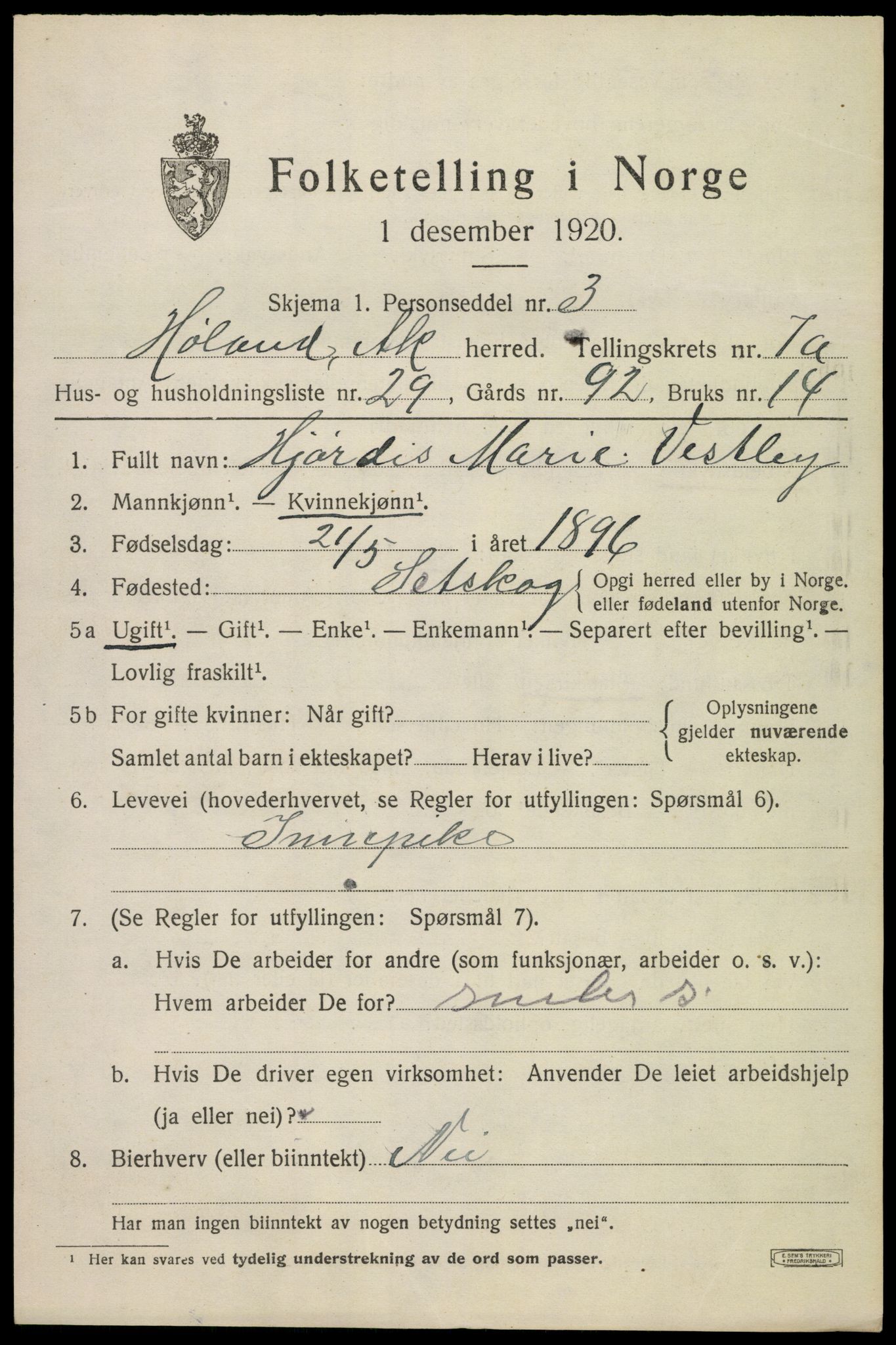 SAO, 1920 census for Høland, 1920, p. 9477