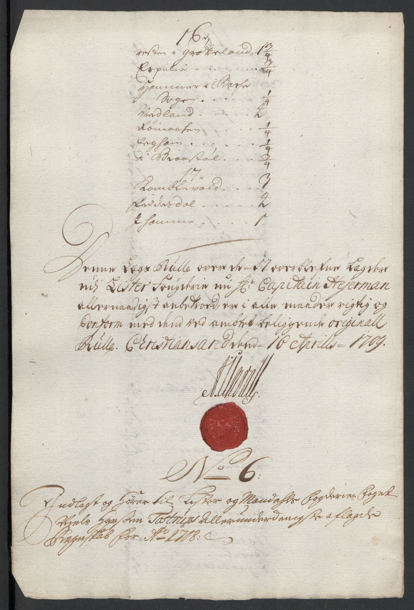 Rentekammeret inntil 1814, Reviderte regnskaper, Fogderegnskap, RA/EA-4092/R43/L2552: Fogderegnskap Lista og Mandal, 1705-1709, p. 69