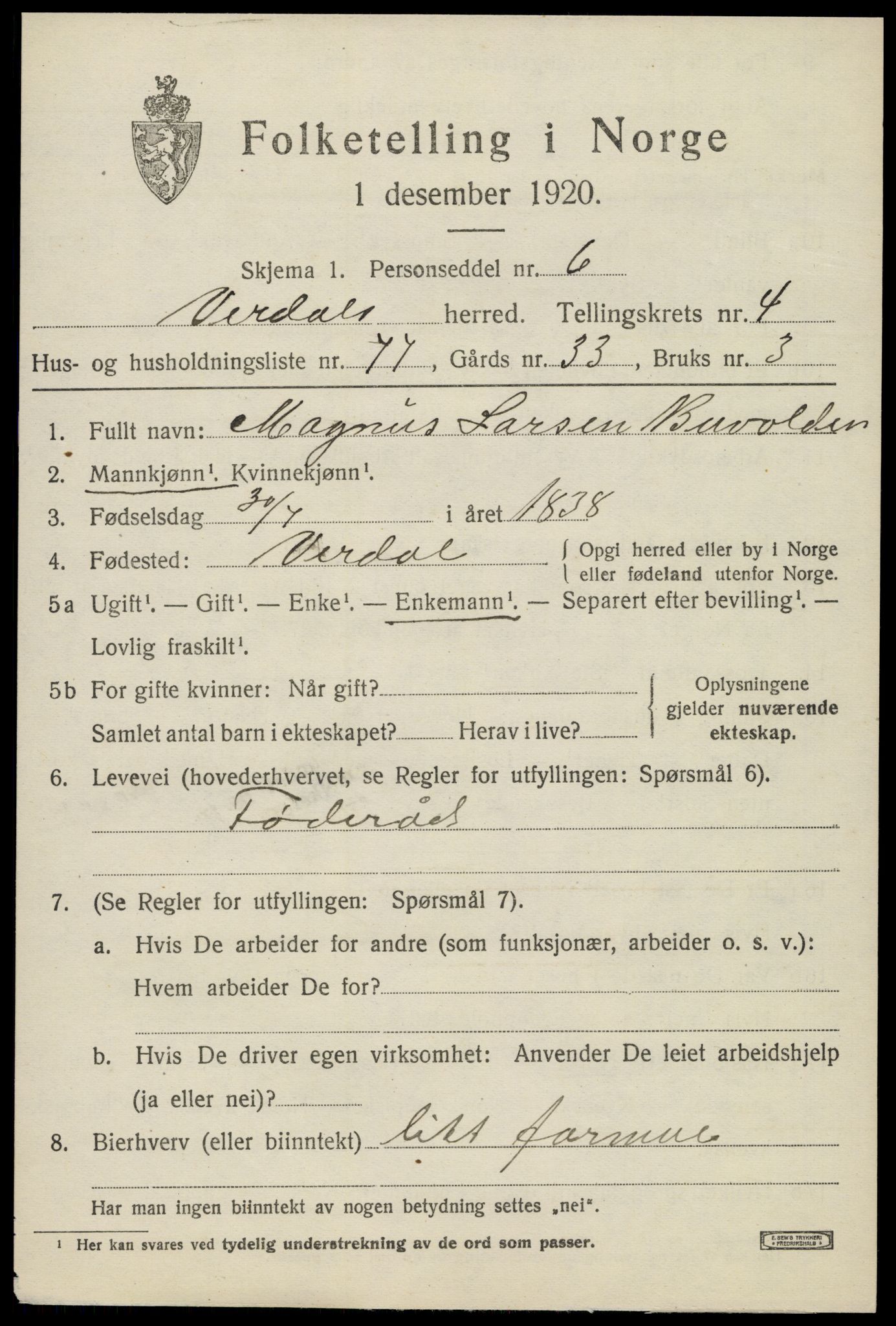 SAT, 1920 census for Verdal, 1920, p. 8567