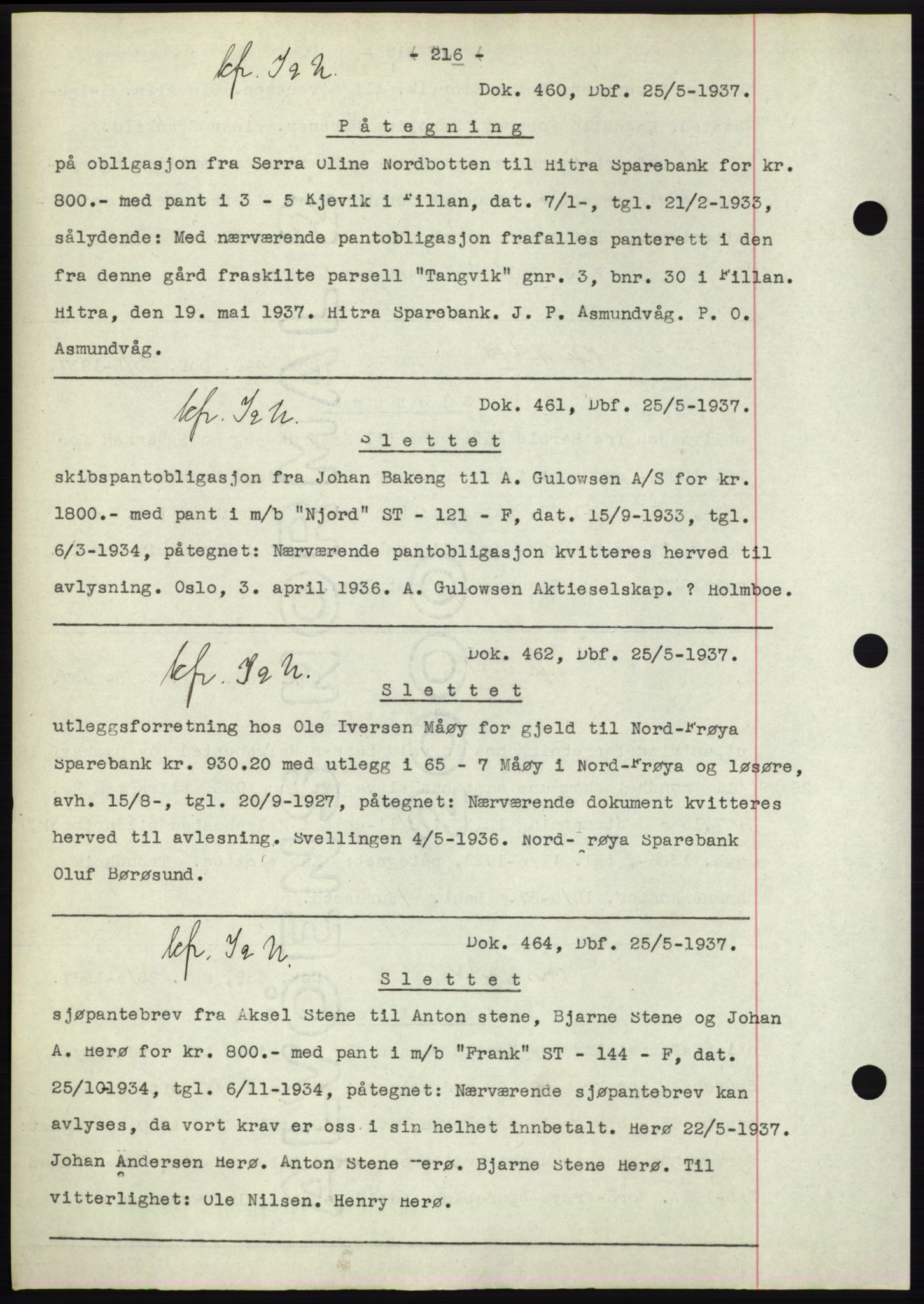 Hitra sorenskriveri, AV/SAT-A-0018/2/2C/2Ca: Mortgage book no. C1, 1936-1945, Diary no: : 460/1937