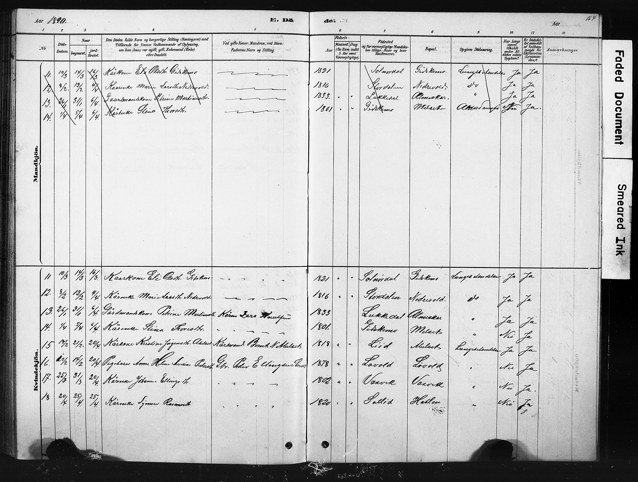 Ministerialprotokoller, klokkerbøker og fødselsregistre - Møre og Romsdal, AV/SAT-A-1454/522/L0326: Parish register (copy) no. 522C05, 1878-1890, p. 164