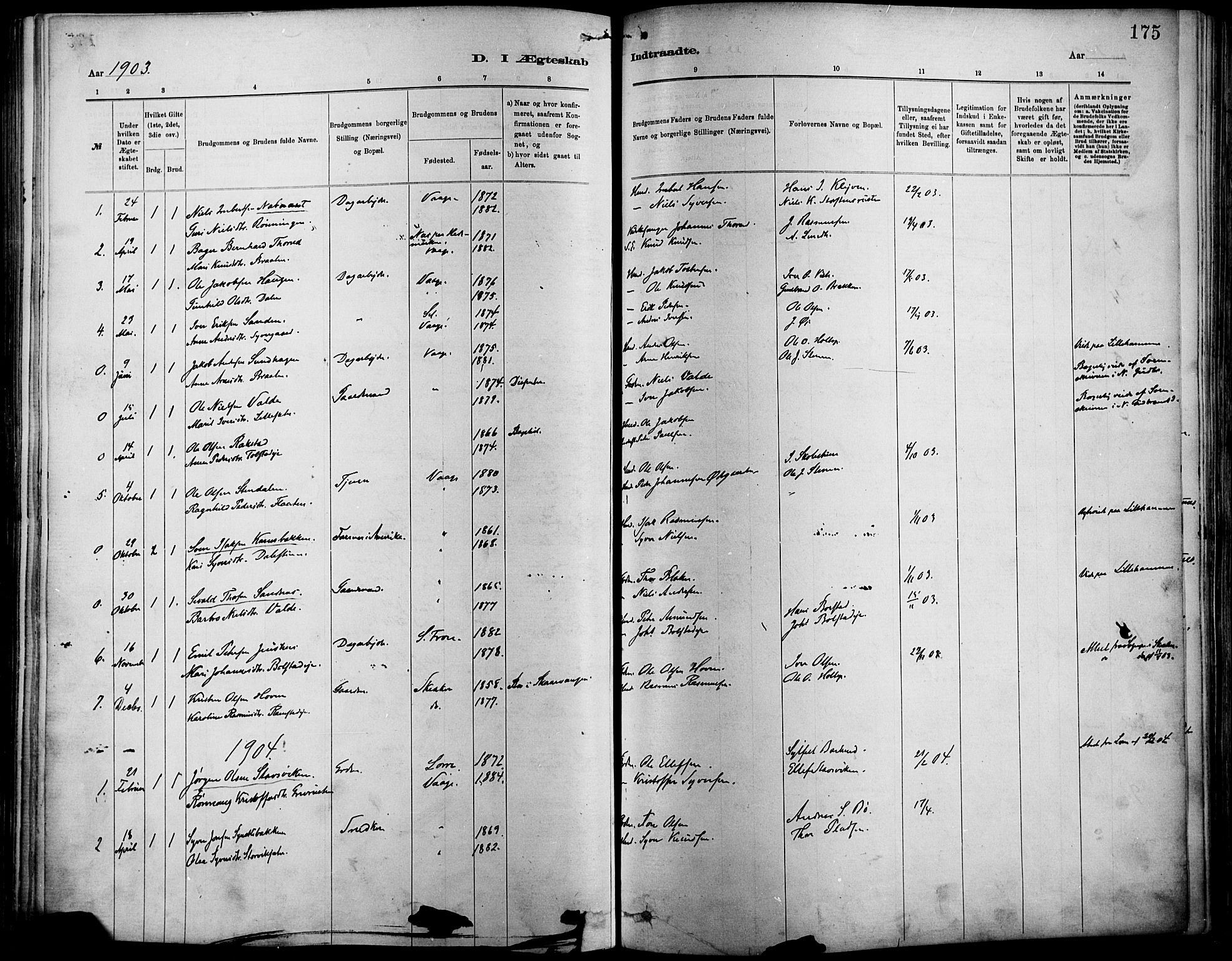 Vågå prestekontor, SAH/PREST-076/H/Ha/Haa/L0009: Parish register (official) no. 9, 1886-1904, p. 175