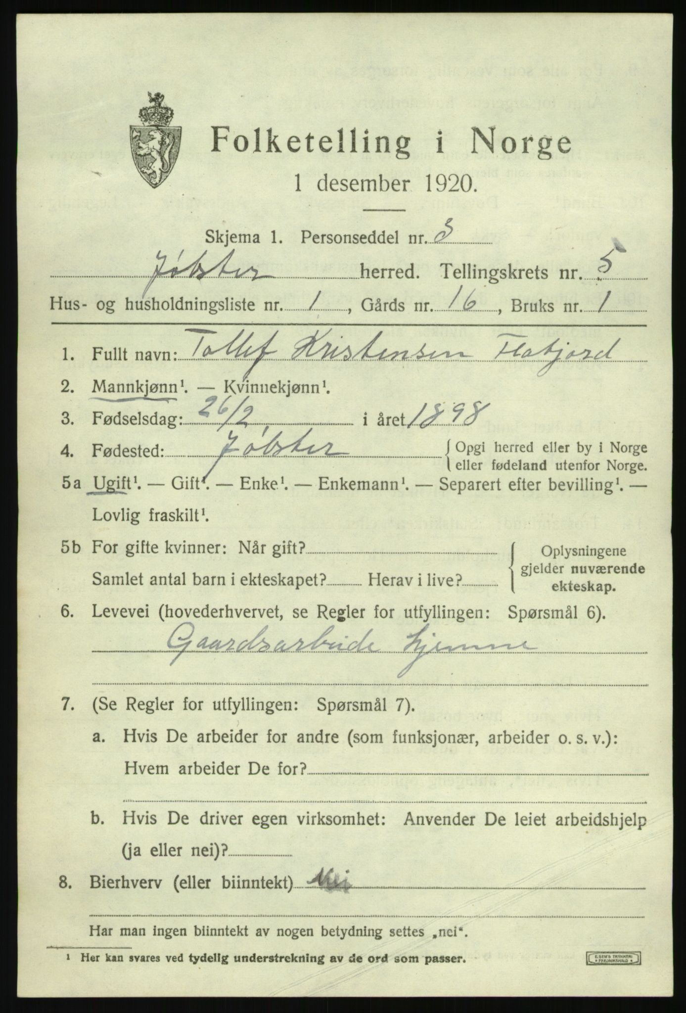 SAB, 1920 census for Jølster, 1920, p. 2930