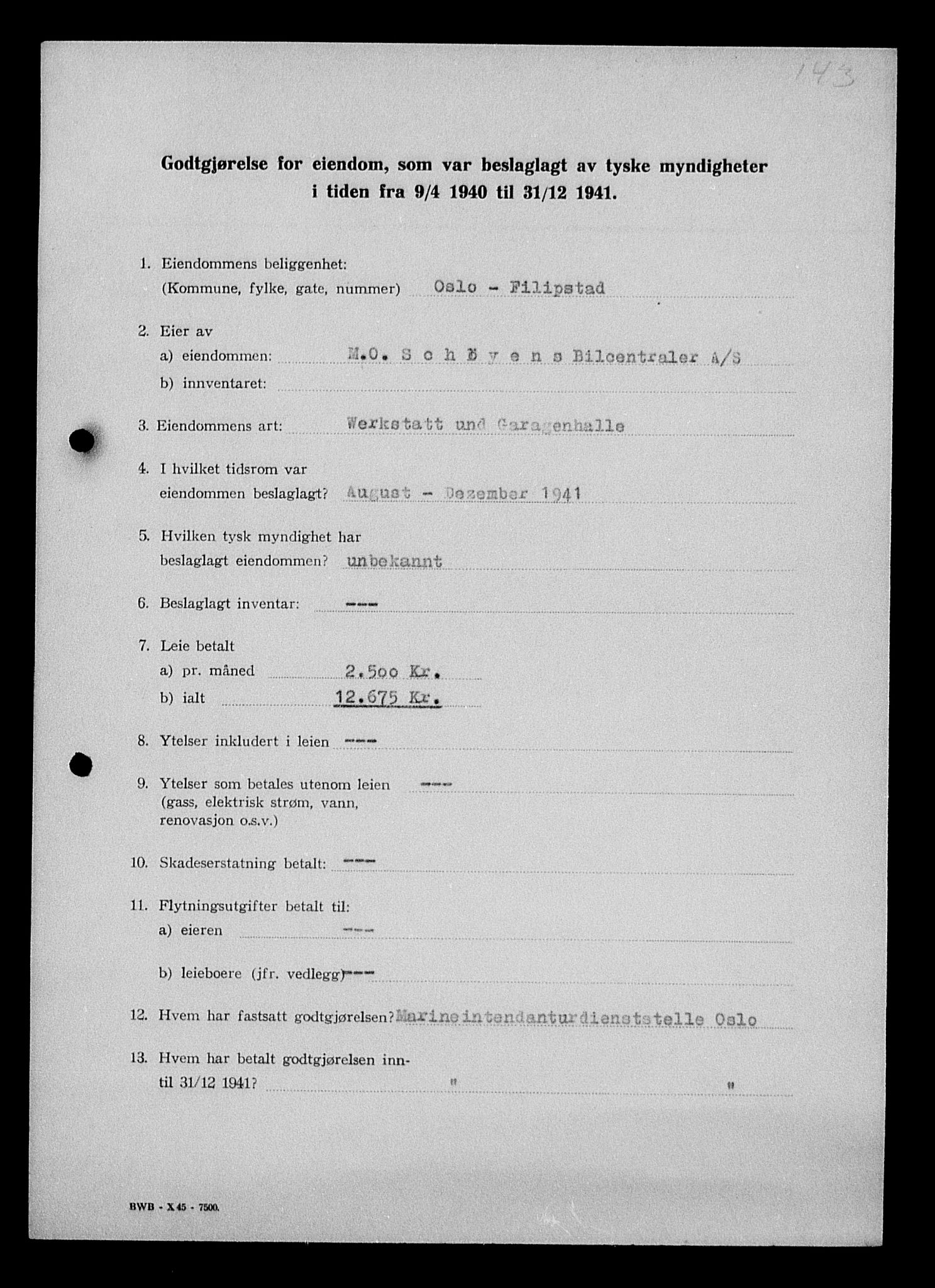 Justisdepartementet, Tilbakeføringskontoret for inndratte formuer, RA/S-1564/I/L1011: Godtgjørelse for beslaglagt eiendom, 1940-1941, p. 550