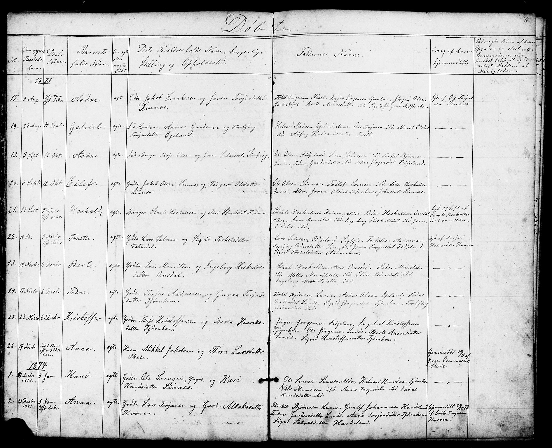 Sirdal sokneprestkontor, AV/SAK-1111-0036/F/Fb/Fba/L0001: Parish register (copy) no. B 1, 1872-1905, p. 6