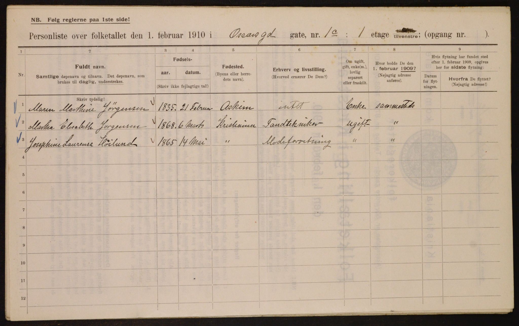 OBA, Municipal Census 1910 for Kristiania, 1910, p. 73296