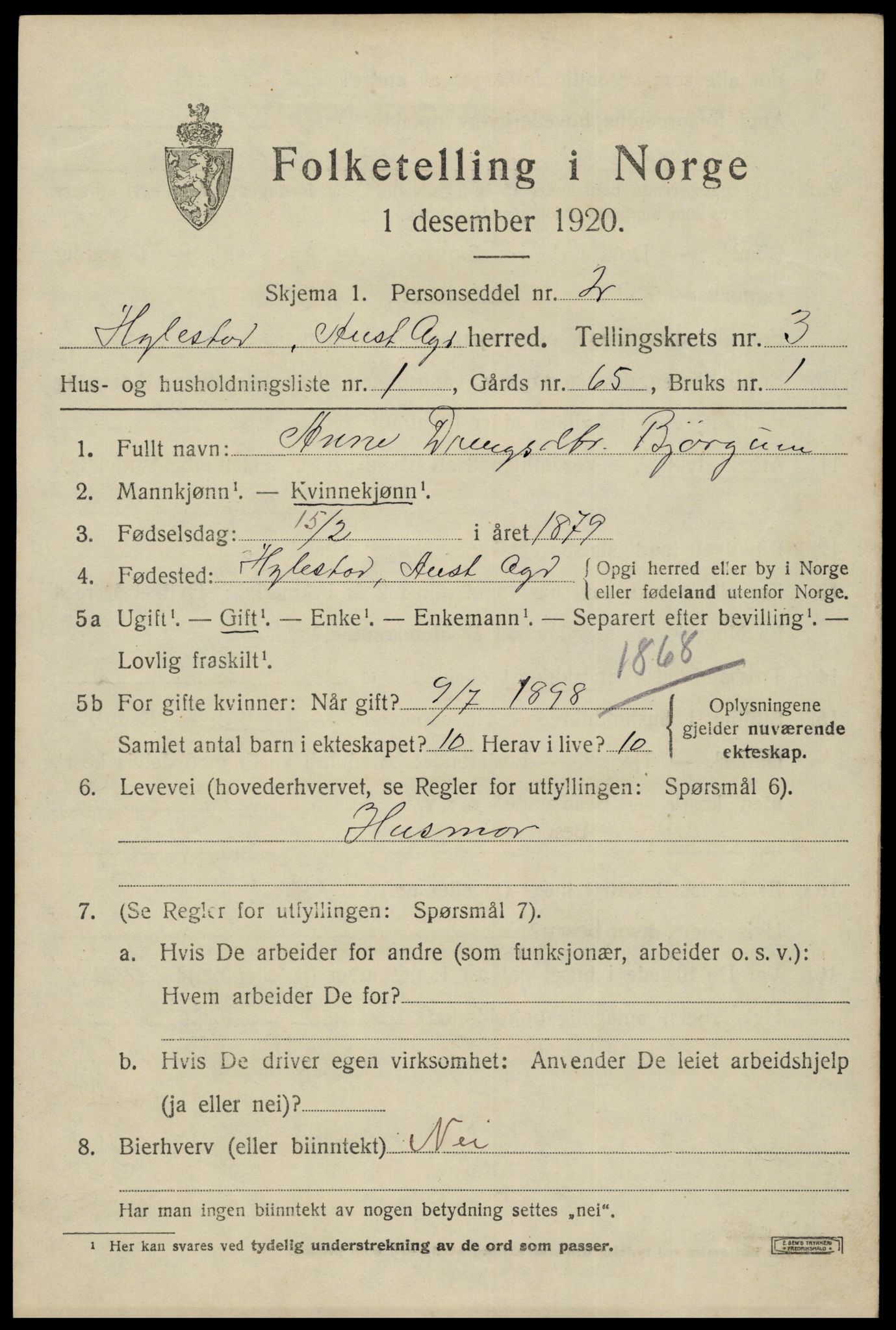 SAK, 1920 census for Hylestad, 1920, p. 766