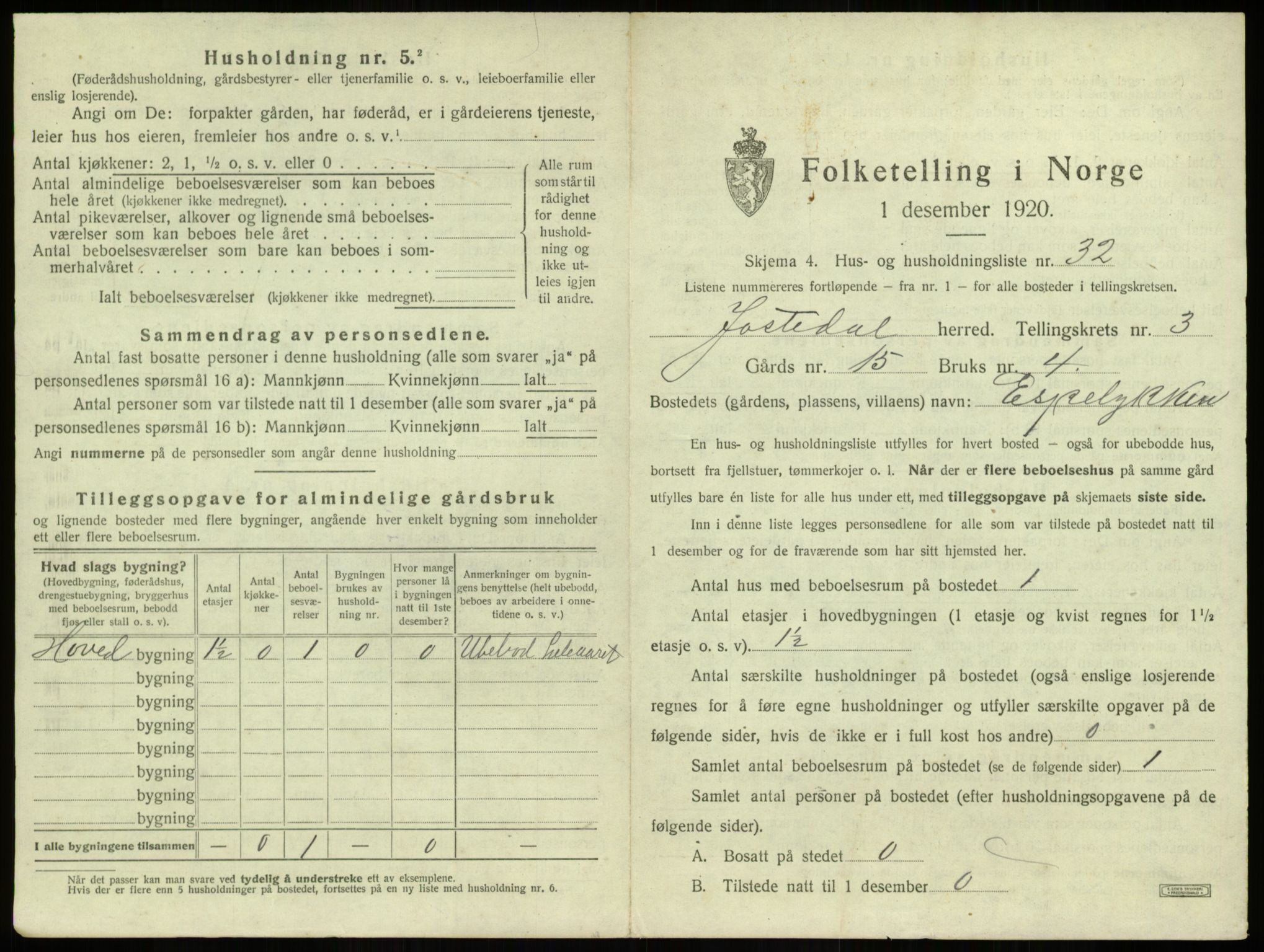 SAB, 1920 census for Jostedal, 1920, p. 192