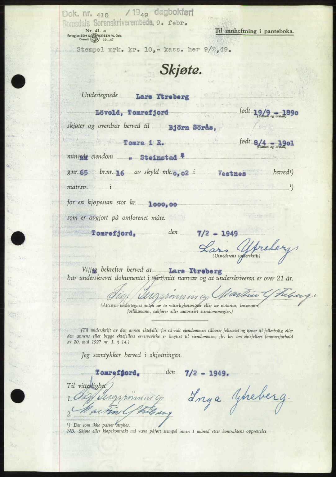 Romsdal sorenskriveri, AV/SAT-A-4149/1/2/2C: Mortgage book no. A28, 1948-1949, Diary no: : 410/1949