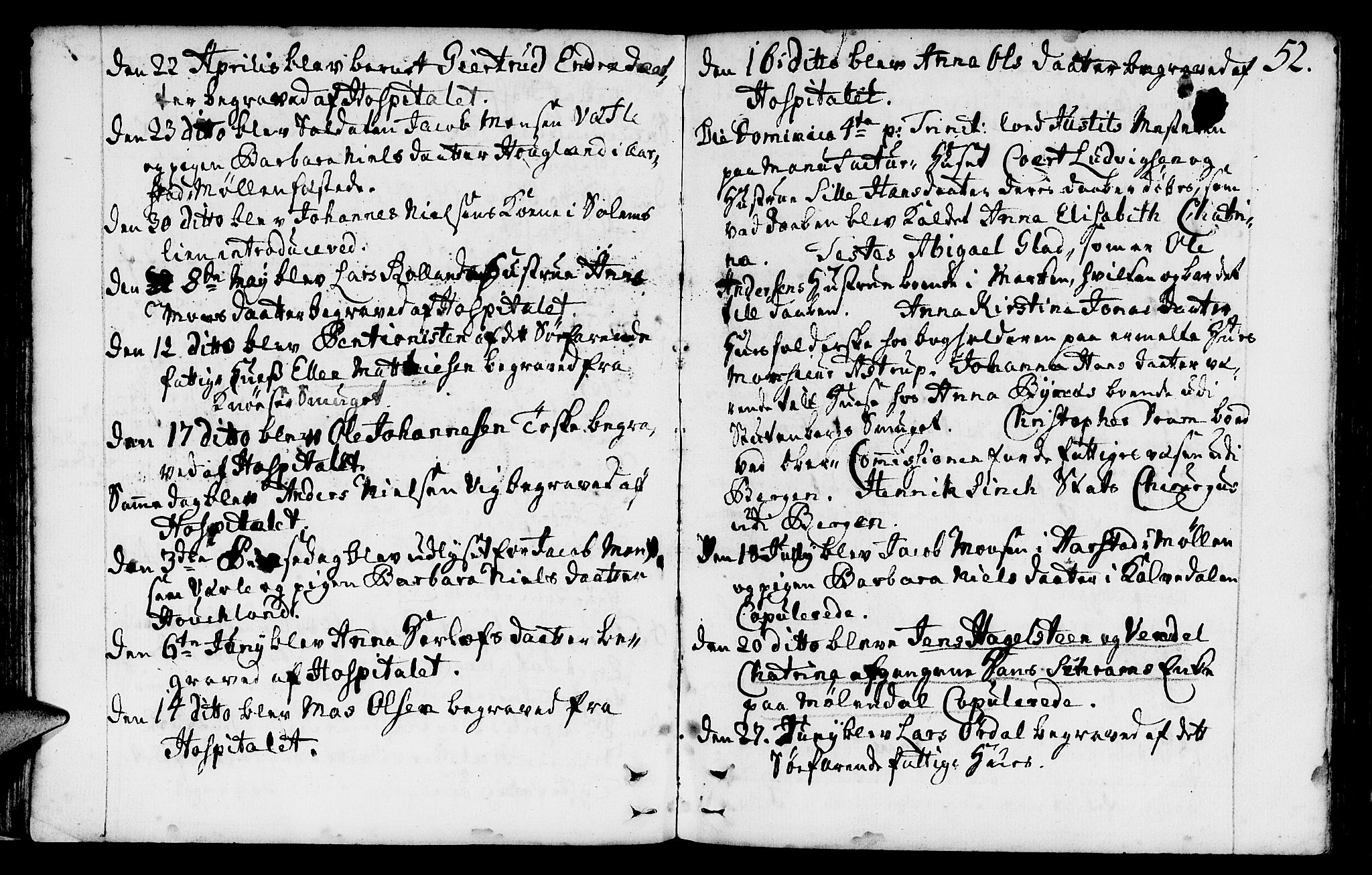 St. Jørgens hospital og Årstad sokneprestembete, AV/SAB-A-99934: Parish register (official) no. A 1, 1743-1823, p. 52