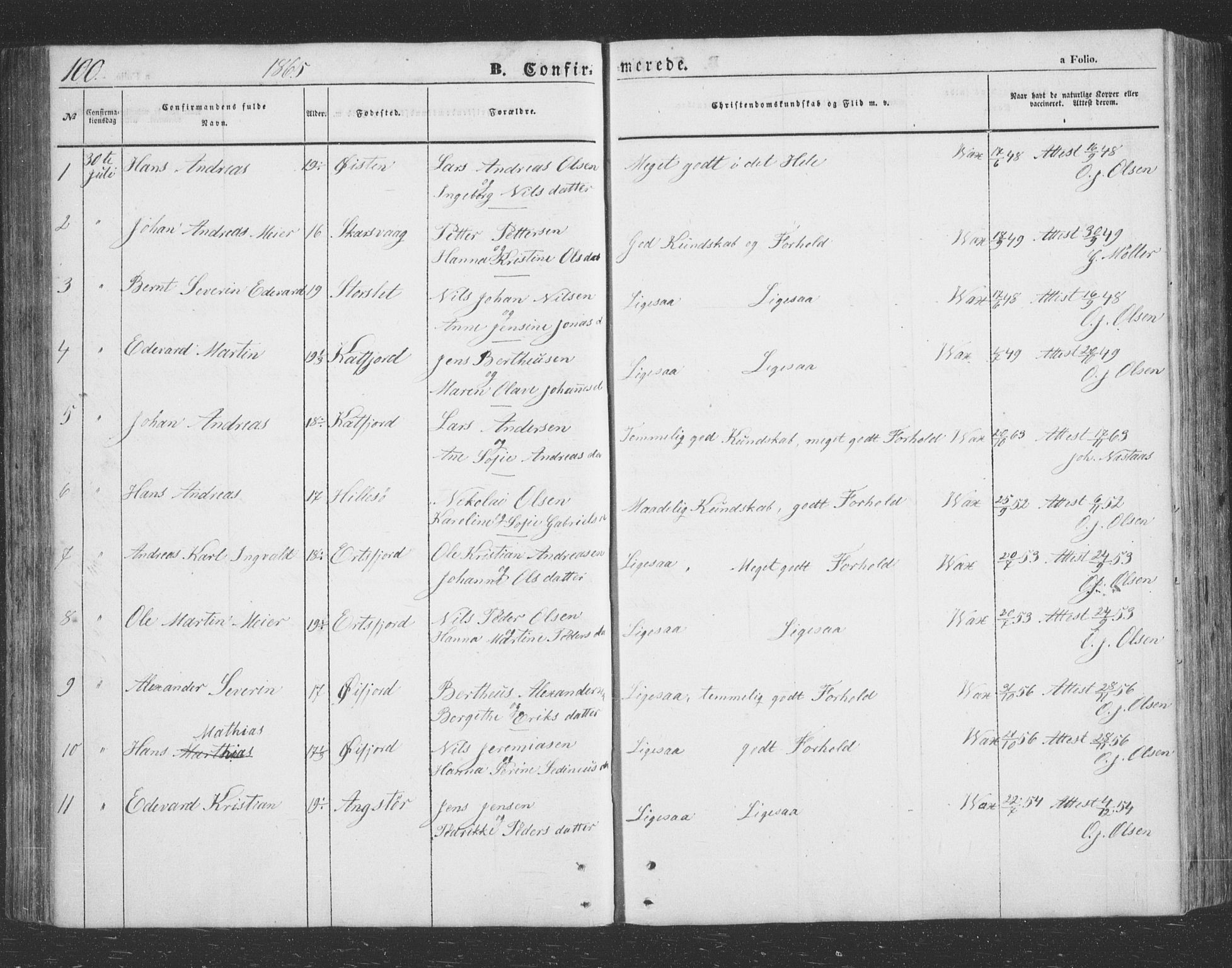Lenvik sokneprestembete, SATØ/S-1310/H/Ha/Hab/L0020klokker: Parish register (copy) no. 20, 1855-1883, p. 100