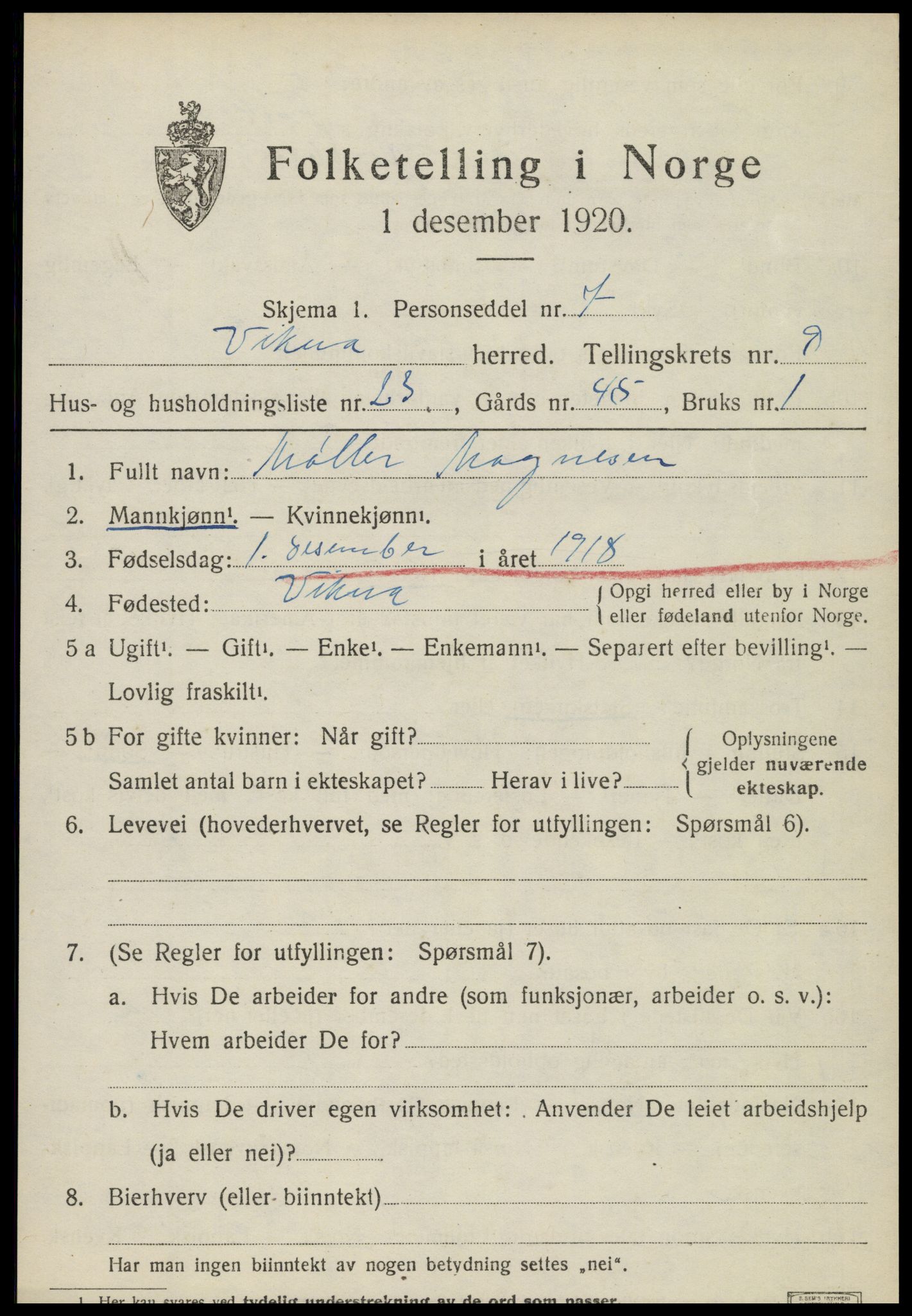 SAT, 1920 census for Vikna, 1920, p. 6677