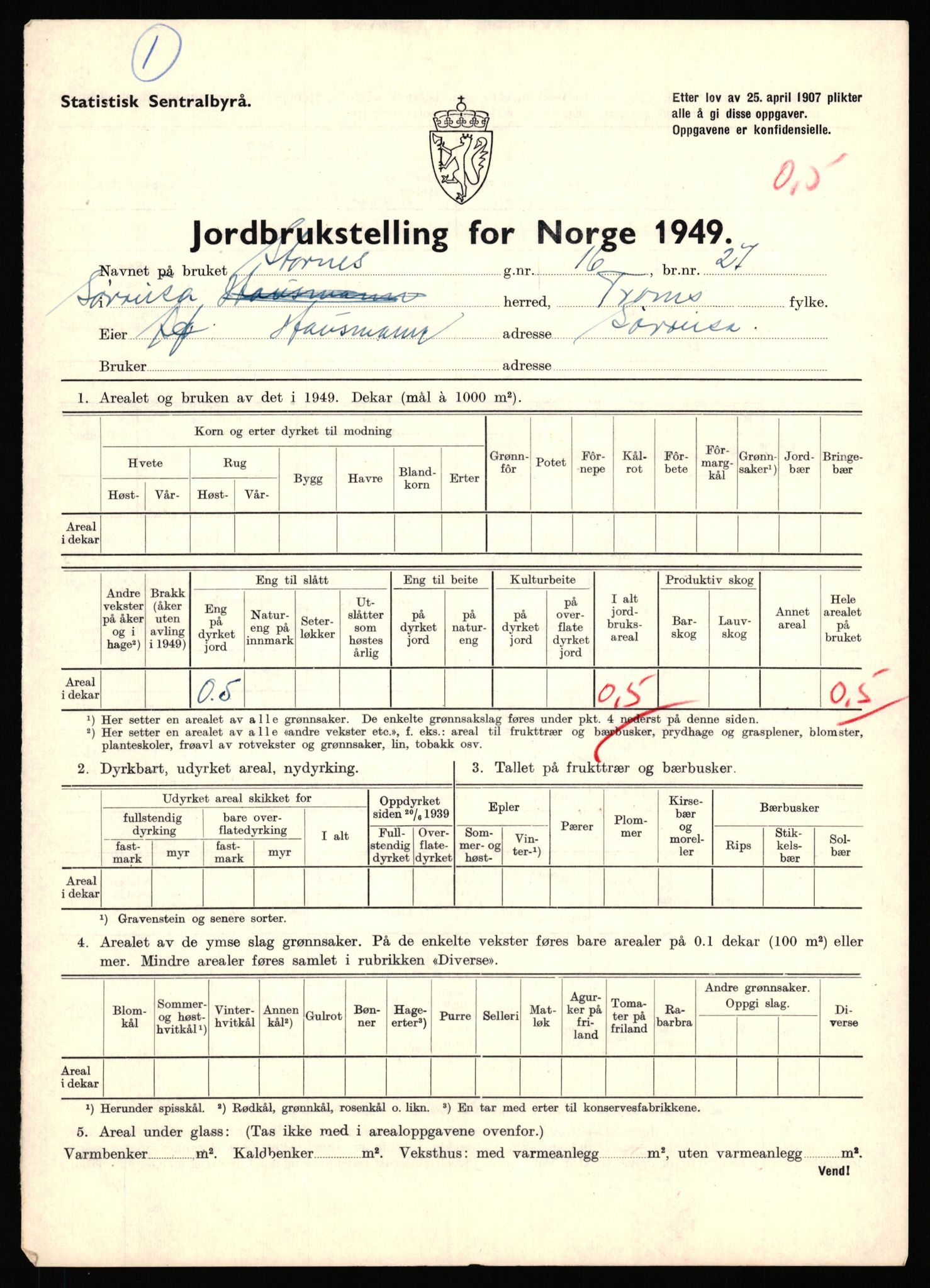 Statistisk sentralbyrå, Næringsøkonomiske emner, Jordbruk, skogbruk, jakt, fiske og fangst, AV/RA-S-2234/G/Gc/L0440: Troms: Sørreisa og Dyrøy, 1949, p. 10