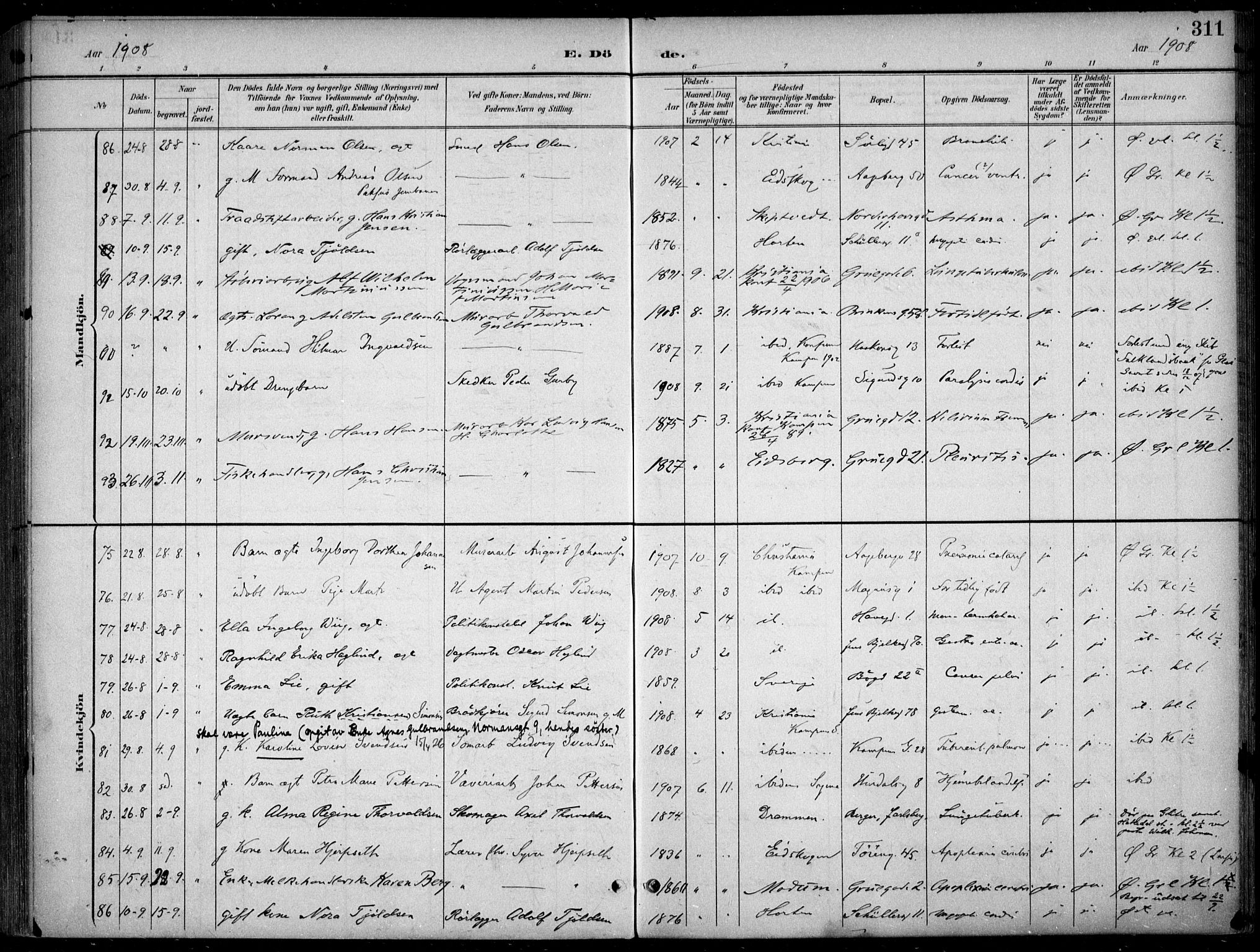 Kampen prestekontor Kirkebøker, AV/SAO-A-10853/F/Fa/L0009: Parish register (official) no. I 9, 1899-1911, p. 311