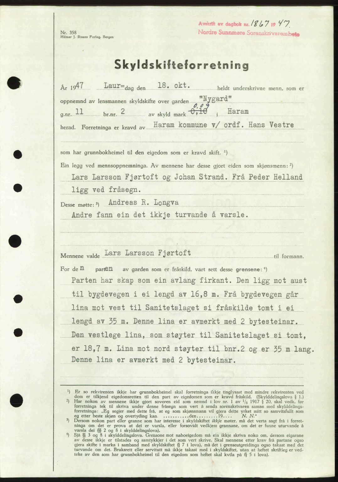 Nordre Sunnmøre sorenskriveri, AV/SAT-A-0006/1/2/2C/2Ca: Mortgage book no. A25, 1947-1947, Diary no: : 1867/1947