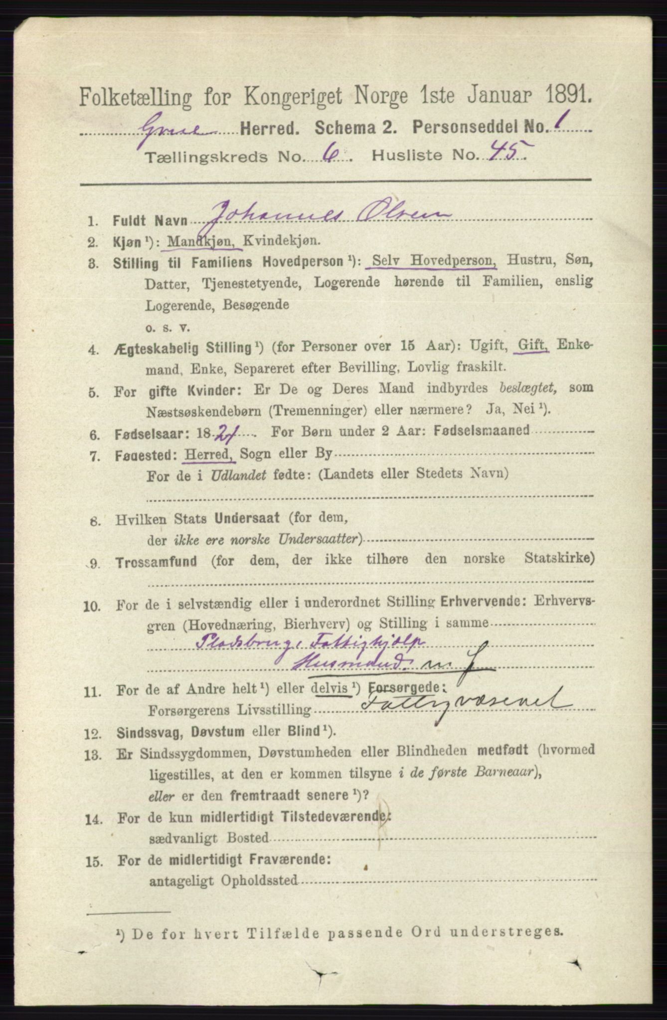 RA, 1891 census for 0423 Grue, 1891, p. 3440